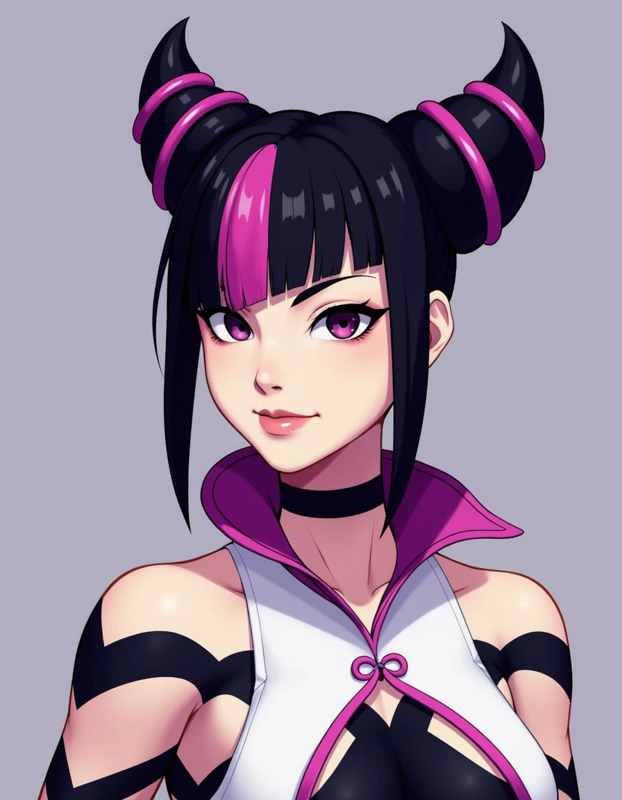 <lora:Juri_Han_Fadoo-Flux:0.7> juriv1ff, juri han, black hair, hair horns, multicolored hair,