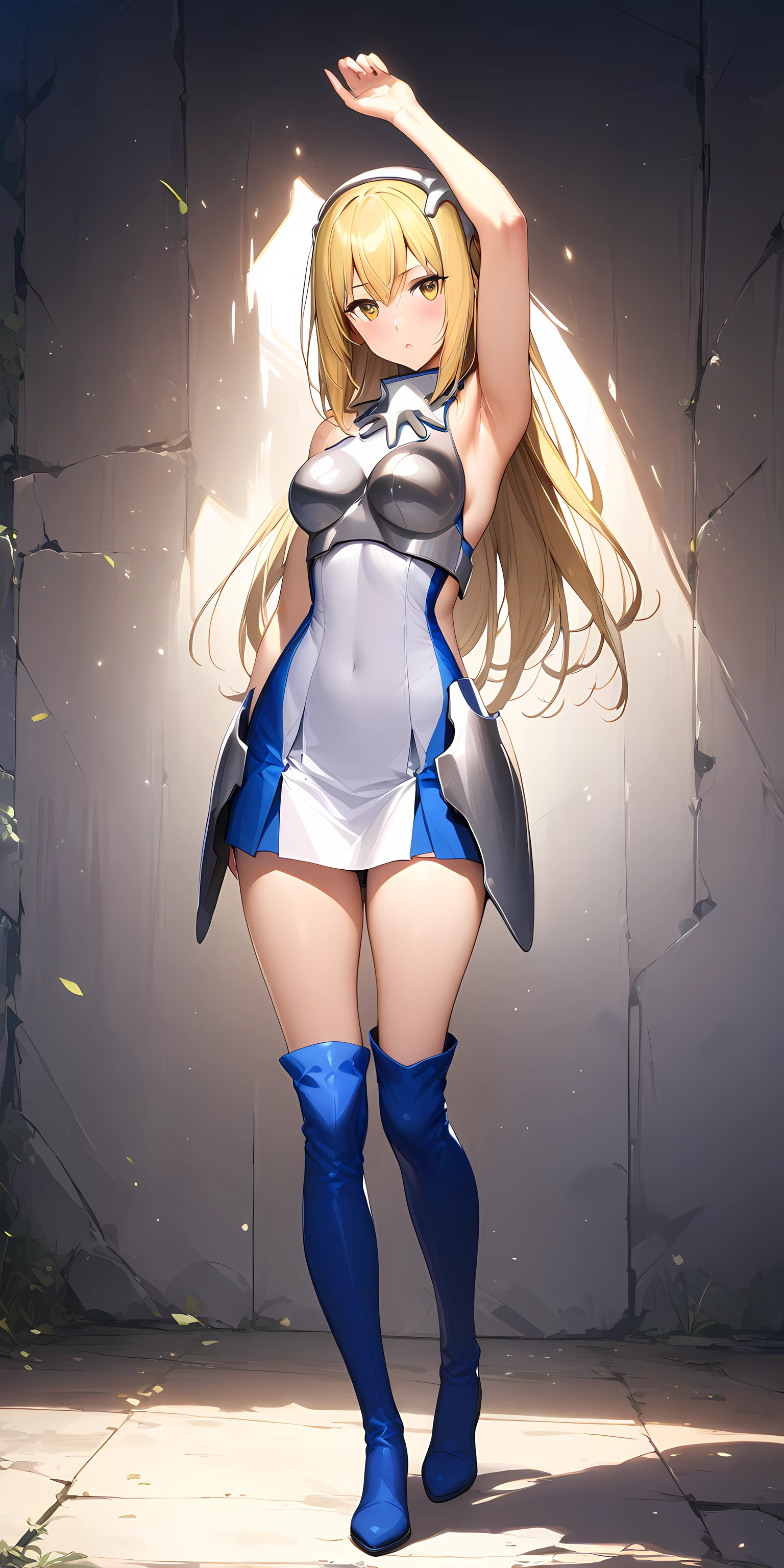 ais_wallenstein, 1girl, solo, blonde hair, long hair, yellow eyes, medium breasts, armor, armpits, white background, looking at viewer, both arm up, simple background, breastplate, dress, blue thigh boots, full body<lora:Ais_Wallenstein:1>, (masterpiece),(best quality),(ultra-detailed),(best illustration),(best shadow),(absurdres),(detailed background),(very aesthetic),