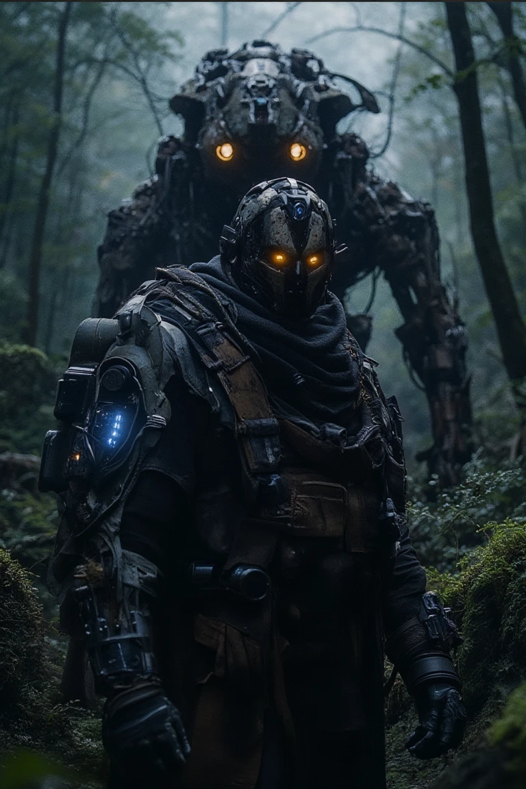 "A post-apocalyptic warrior standing in a dense, overgrown forest, wearing tattered tactical gear mixed with cybernetic enhancements. The warrior's right arm is a complex mechanical prosthetic, with glowing blue circuitry running through it, and their face is partially hidden behind a high-tech mask with glowing red eyes. The environment around them is misty, with beams of light cutting through the dense trees, illuminating patches of moss and rusted, decaying machinery in the background. In the distance, a massive, worn-down robotic sentinel can be seen towering over the forest, its eyes glowing ominously. The atmosphere is dark and gritty, with a mix of natural decay and futuristic tech, evoking a sense of survival in a world where nature is reclaiming technology."