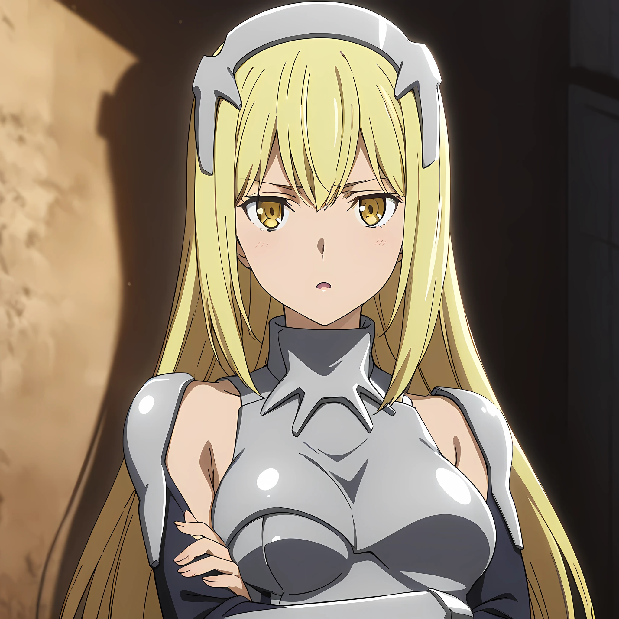 ais_wallenstein, 1girl, solo, blonde hair, long hair, yellow eyes, medium breasts, armor, breastplate, dress, white background, looking at viewer, armpits, crossed arms, open mouth, serious look, simple background, upper body, portrait, anime coloring<lora:Ais_Wallenstein:1>, (masterpiece),(best quality),(ultra-detailed),(best illustration),(best shadow),(absurdres),(detailed background),(very aesthetic),