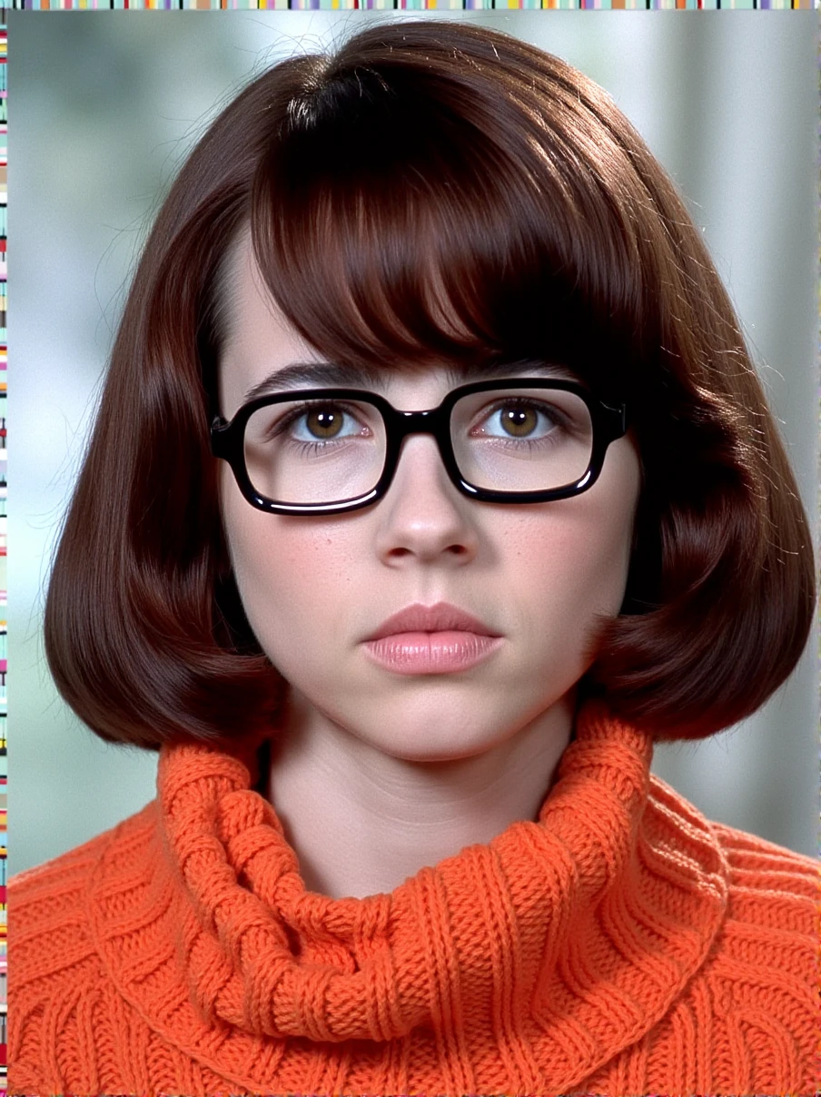 This is a high-resolution photograph of a young woman with a distinctively vintage, 1960s aesthetic. She has a fair complexion and a short, voluminous bob haircut with straight, chestnut brown hair. Her bangs are blunt-cut and frame her forehead. She wears large, black, rectangular glasses that sit slightly askew on her face, giving her a slightly disheveled appearance. Her expression is neutral, with slightly pursed lips and a slightly downward gaze, suggesting a contemplative or thoughtful mood.
The woman is dressed in a bright orange, knitted turtleneck sweater, which has a textured, chunky knit pattern. The sweater appears to be slightly oversized, adding to her retro look. The background is blurred but suggests an indoor setting with soft, diffused light, possibly indicating a studio environment. The lighting is even and natural, highlighting the details of her skin and hair. The overall style of the photograph is reminiscent of classic black-and-white film photography, with a focus on the subject's face and attire, emphasizing the retro fashion and vintage charm of the image. Velma,<lora:Velma_Flux_V1:1>