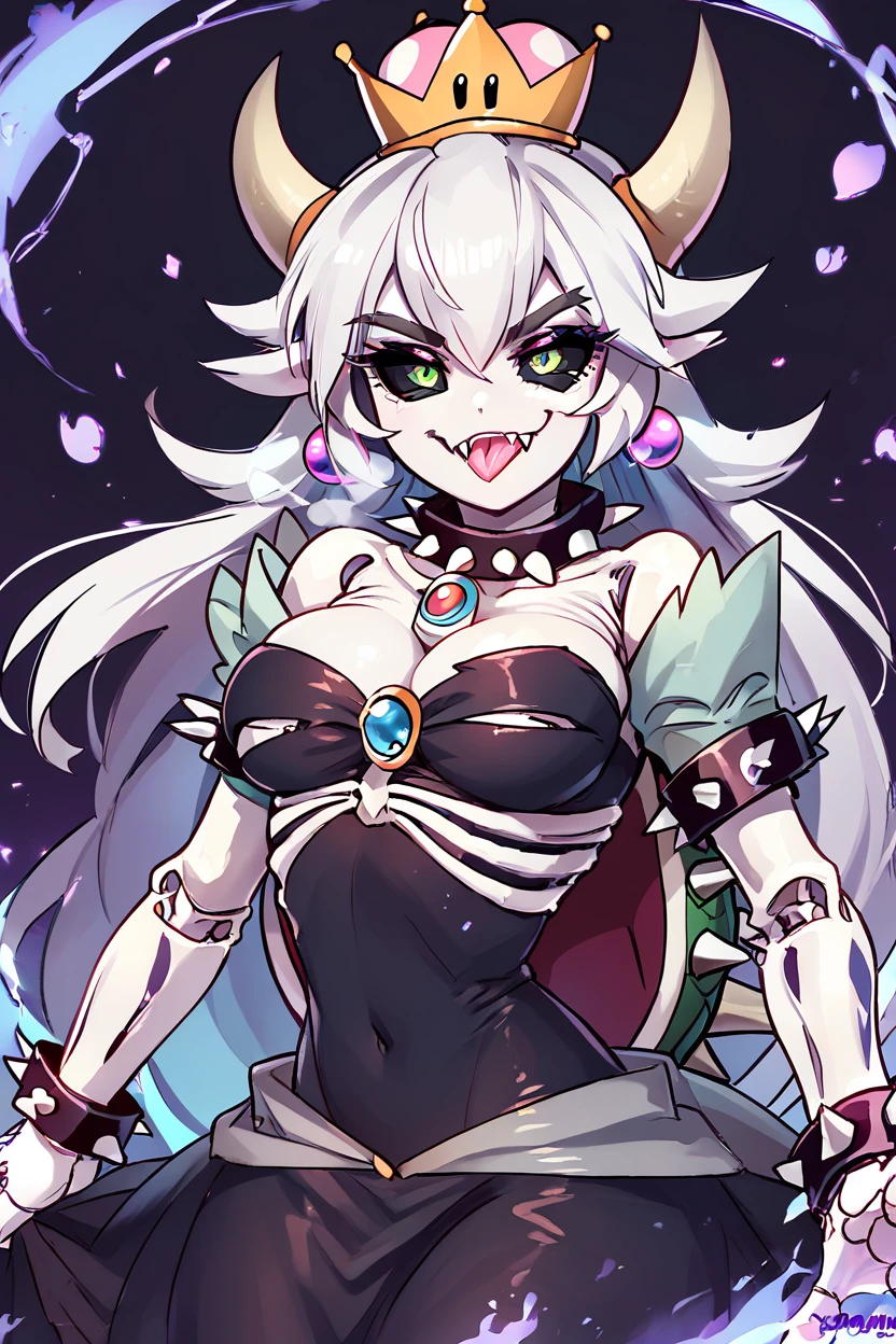 score_9, score_8_up, score_8, medium breasts, (curvy), cute, eyelashes,       BREAK, ,   zzDryBowsette, black sclera, colored sclera, skeleton, horns, spikes, dress, hair between eyes, jewelry, very long hair, green eyes, white hair, earrings, tongue, white gloves, tongue out, colored skin, crown, pale skin, colored sclera, white skin, black sclera, ribs, skeleton, super crown, nsformation, spiked armlet, spiked shell, breathing fire,  <lora:DryBowsette_PDXL:1.0>, , BREAK, smile, looking at viewer, ,,, abstract background, white outline, cowboy shot, ,,, embedding:zPDXL, Expressiveh, ,,, <lora:CatalystStylePDXL:0.6>, <lora:SDXLFaeTastic2400:0.5>, <lora:Expressive_H-000001:0.4>,