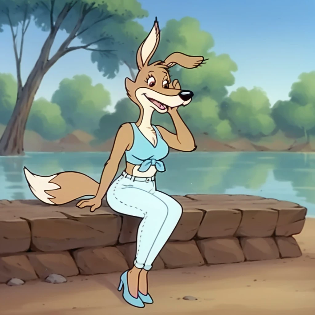 score_9, score_8_up, score_7_up, score_6_up, score_5_up, score_4_up, source_furry, Daisybb, anthro, female, Dingo, brown fur,  sitting on a river bank, crop top, untied shirt, high heels, blue shirt, jeans, blue shoes, open shirt, <lora:77653734-25d2-4f70-b87c-3ae9801ec0ef:0.7>