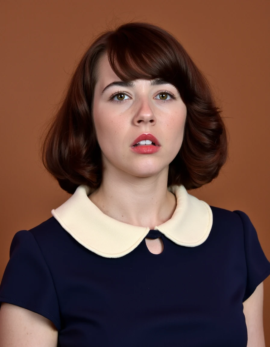 The image is a high-resolution photograph featuring a young woman with fair skin and a light complexion, standing against a solid, warm brown background. She has shoulder-length, wavy brown hair that cascades gently over her shoulders, framing her face. Her eyes are a striking green, and she has well-defined eyebrows. Her lips are painted a bold red, adding a pop of color to her otherwise neutral makeup.
She is wearing a navy blue dress with a cream-colored collar and a small, keyhole cutout at the neckline, giving a hint of her collarbone. The dress has short sleeves and a fitted bodice that accentuates her slender figure. The fabric appears smooth and slightly matte, possibly made from a cotton blend, and the dress has a classic, vintage-inspired silhouette.
The lighting in the photograph is soft and even, highlighting her features without harsh shadows. The background is a solid, uniform color, ensuring that the focus remains on the subject. The overall mood of the photograph is intimate and slightly formal, with a hint of vintage elegance. There are no additional objects or distractions in the frame, making the image clean and straightforward.,Velma,<lora:Velma_Flux_V1:1>