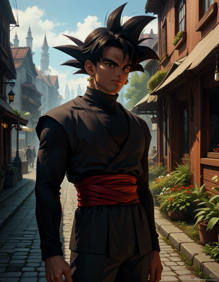 zPDXL3, score_9, score_8_up, score_7_up, score_6_up, score_5_up, score_4_up, highres, incredibly absurdres, highly detailed, outdoors, closed mouth, 1boy, solo, <lora:Goku_Black:0.6> goku black, black hair, spiked hair, black eyes, single earring, grey dogi, long sleeves, black turtleneck sweater, red sash, black pants