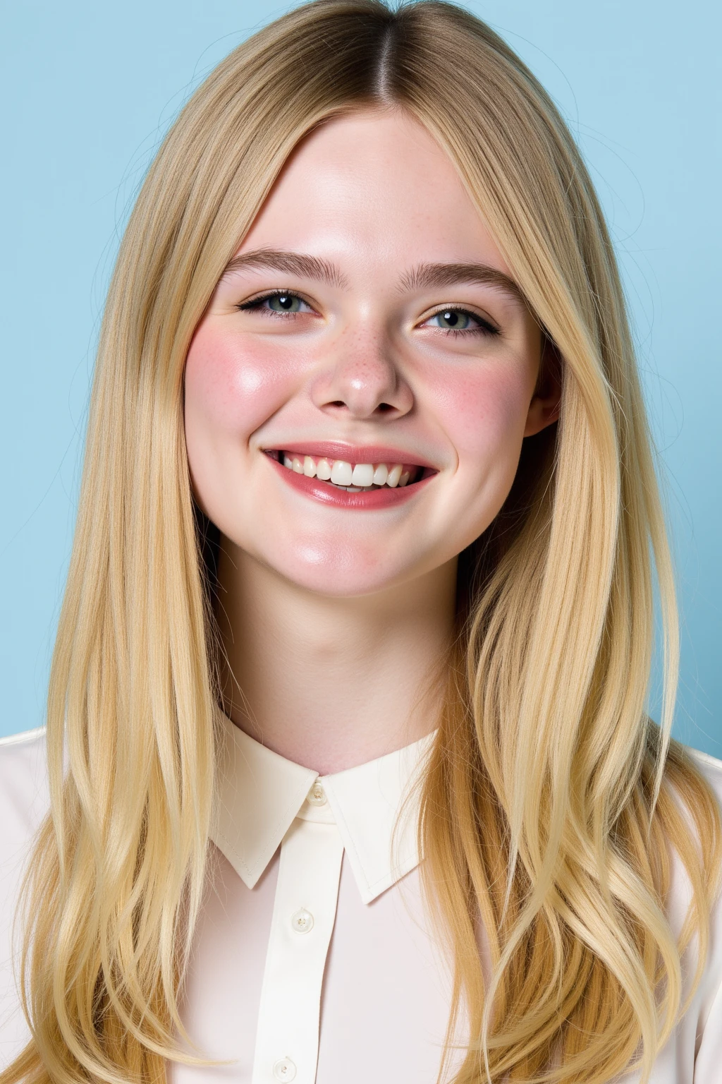 ElleFanning, high quality portrait, long hair, blonde hair, gray eyes, smile, white shirt, pale blue background, detailed eyes, detailed skin texture, skin pores