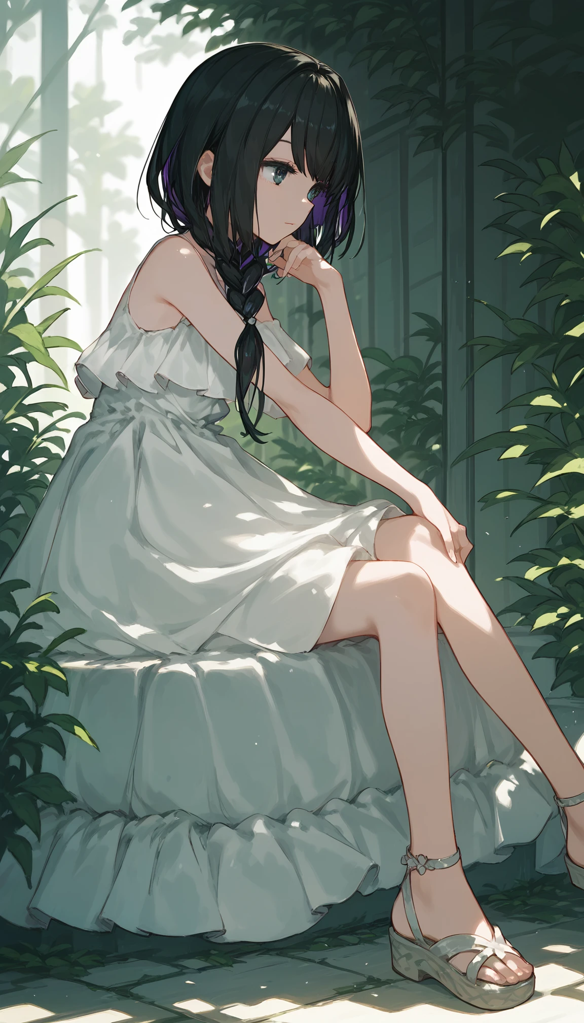 (score_9,score_8_up,score_7_up),
1girl, solo, black hair, white dress, mikimiki-dress, colored inner hair, single braid, sitting, from side, sandals, sunlight