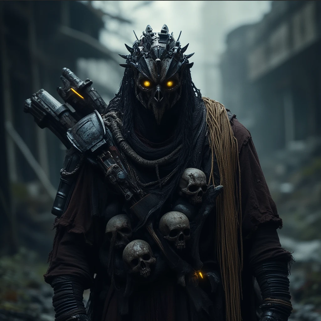 professional 3d model cinematic film still  <lora:b739bf37-a09b-4a0d-9d41-2ad4ce709642.TA_trained:0.8>""A dark and ominous figure clad in tattered robes and advanced armor, walking through a desolate, post-apocalyptic landscape. The figure wears a grim mask resembling a skull, with glowing yellow eyes piercing through the shadows. Skulls are strapped to their armor, some with mechanical augmentations, giving the impression of a hunter or collector of the dead. They carry a large, weathered weapon with a glowing energy source embedded within, adding to their menacing presence. Draped in ropes and cloth, the figureâs appearance combines ancient, tribal elements with futuristic technology, evoking a sinister warlord or bounty hunter. The atmosphere is grim and foreboding, as ruins loom in the background, shrouded in mist and decay." . shallow depth of field, vignette, highly detailed, high budget, bokeh, cinemascope, moody, epic, gorgeous, film grain, grainy . octane render, highly detailed, volumetric, dramatic lighting
