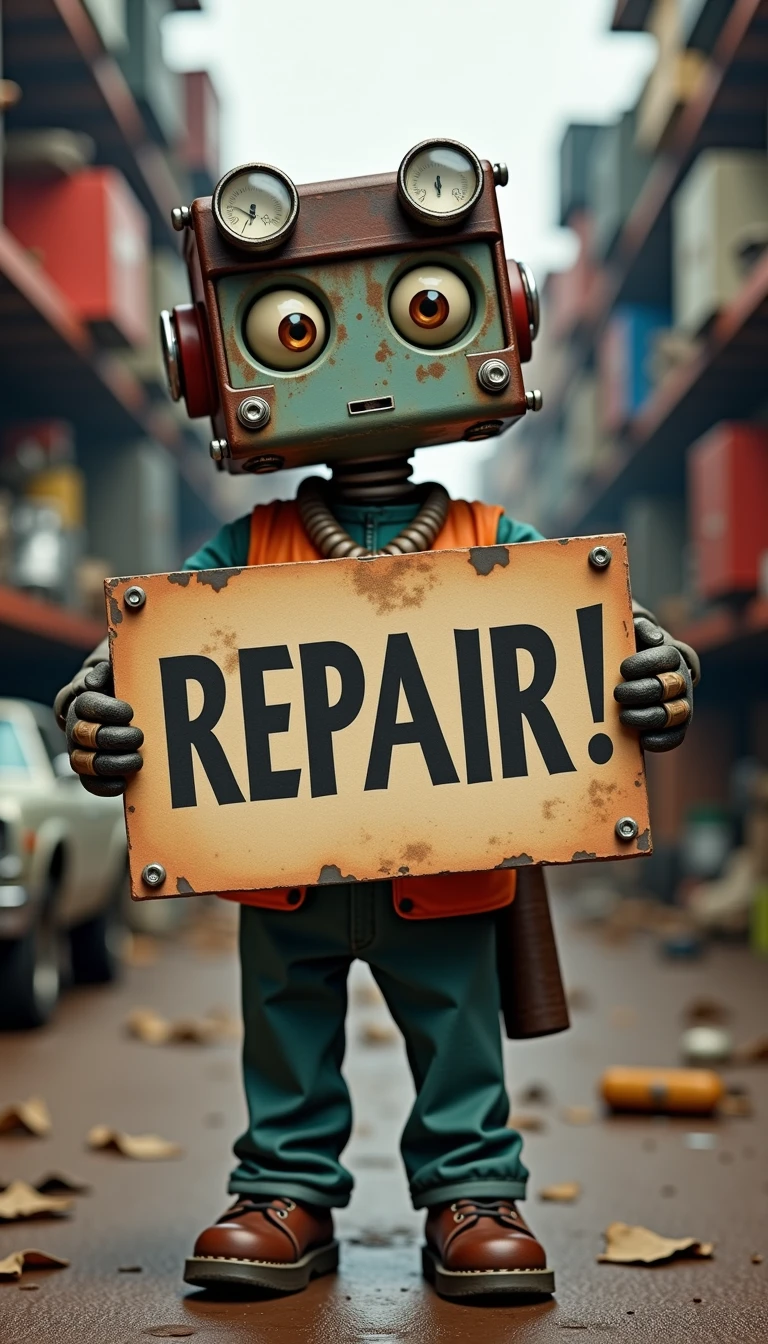 <lora:EverlyHeightsJunkbotsFlux:.5> A character holding a sign that says "REPAIR!" in bold letters, junkyard backdrop