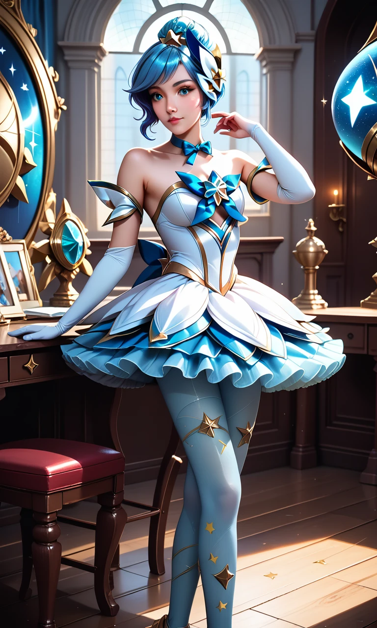 score_9, score_8_up, score_7_up, (solo, 1girl), absurdres, ,highres, official wallpaper), (masterpiece, best quality), (illustration, realistic), (perfect details, highest detailed, extreme detailed), <lora:SGOriSDXL-000040:1>,  star guardian orianna, ((light blue pantyhose), elbow gloves, hair ornament, star guardian (league of legends), neck ribbon, star symbol, blue hair, dress, skirt