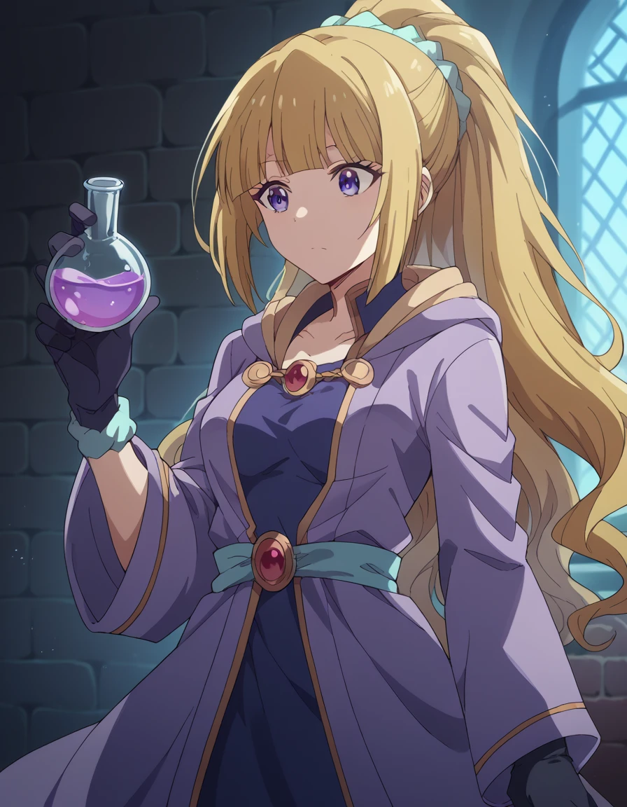 score_9, score_8_up, score_7_up, source_anime, keikaruizawa, <lora:kei-karuizawa-anime-s2-ponyxl-lora-nochekaiser:1>, kei karuizawa, long hair, bangs, blunt bangs, purple eyes, blonde hair, hair ornament, ponytail, scrunchie, blue scrunchie, medium breasts,, <lora:wizard-ponyxl-lora-nochekaiser:1>, wizard, wizard hat, robe, dress, long sleeves, gloves,, indoors, bricks, potion, flask, vial,, cowboy shot,