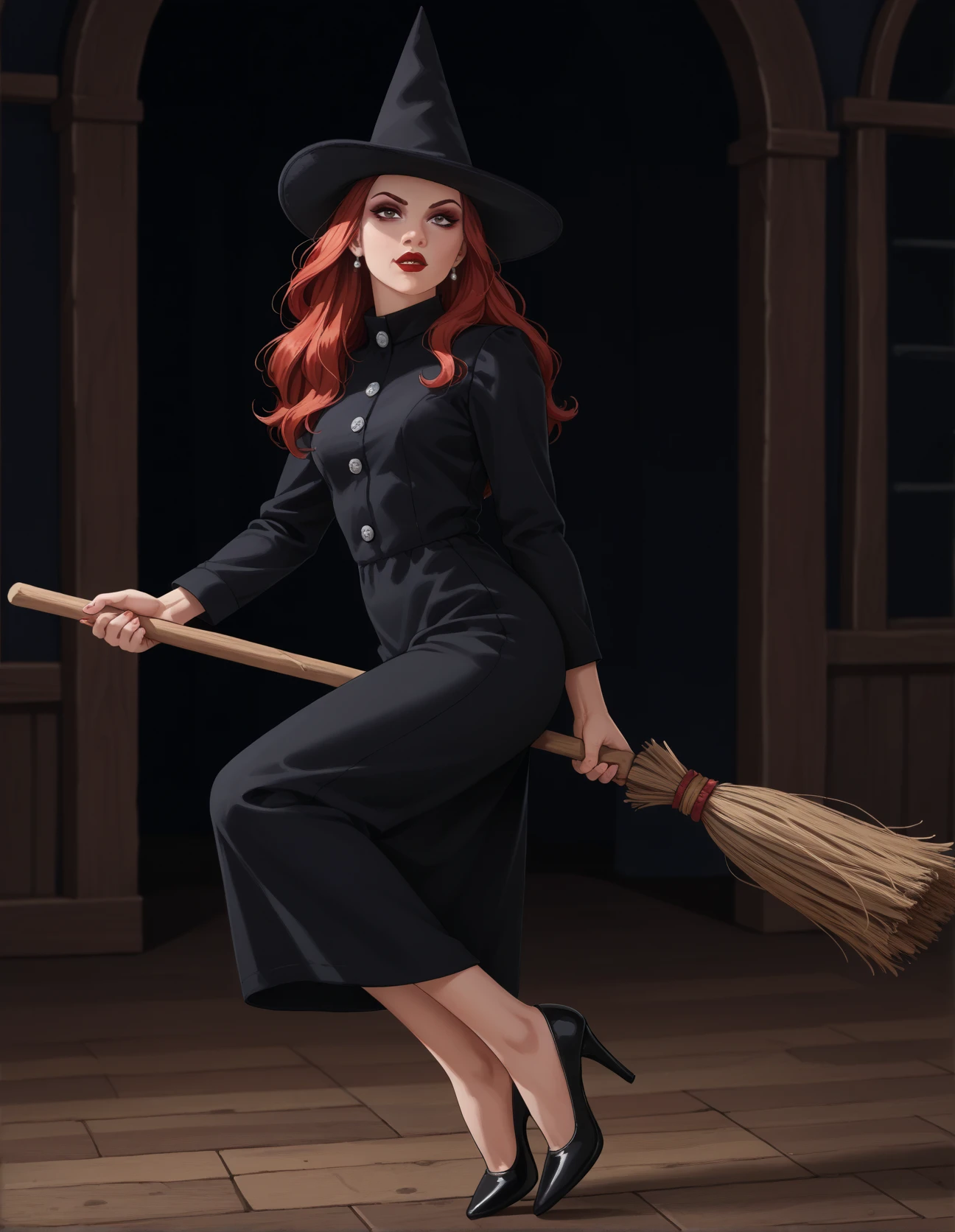 score_9, score_8_up, score_7_up, score_6_up, score_5_up, score_4_up, 1girl, solo, long red hair, lipstick, eyeliner, hud_tr4d_w1tch, witch hat, black dress, long sleeves, buttons, high heels, <lora:hud_tr4d_w1tch_XLP:0.6>, hud_br00m, broom, broom riding, <lora:hud_br00m_XLP:0.8>, flying, Boundless sky