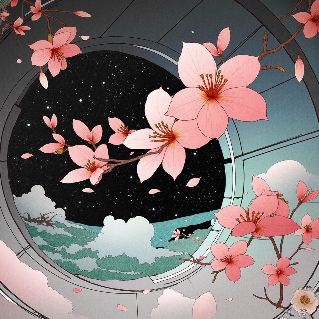 In style of Kotaro Chiba. Floating sakura petals drifting through a space station with a large window overlooking the stars, blending traditional nature motifs with a sci-fi setting.