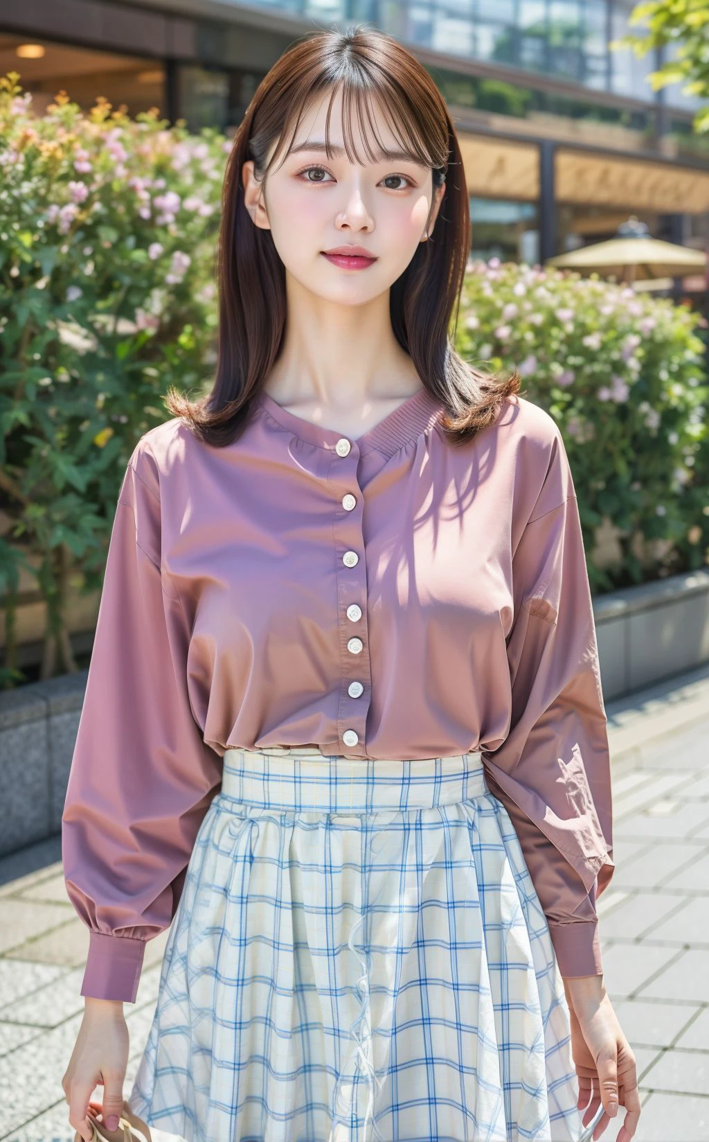 best quality, masterpiece, ultra high res, (photorealistic:1.4), RAW photo, best detailed, realistic,
<lora:2023autumn:1>, 1 woman, smile,skinny, large breast, shirt, long skirt, floral, lip,
day, luxury shopping mall, Tokyo, front light,  looking at viewer, blurry background,