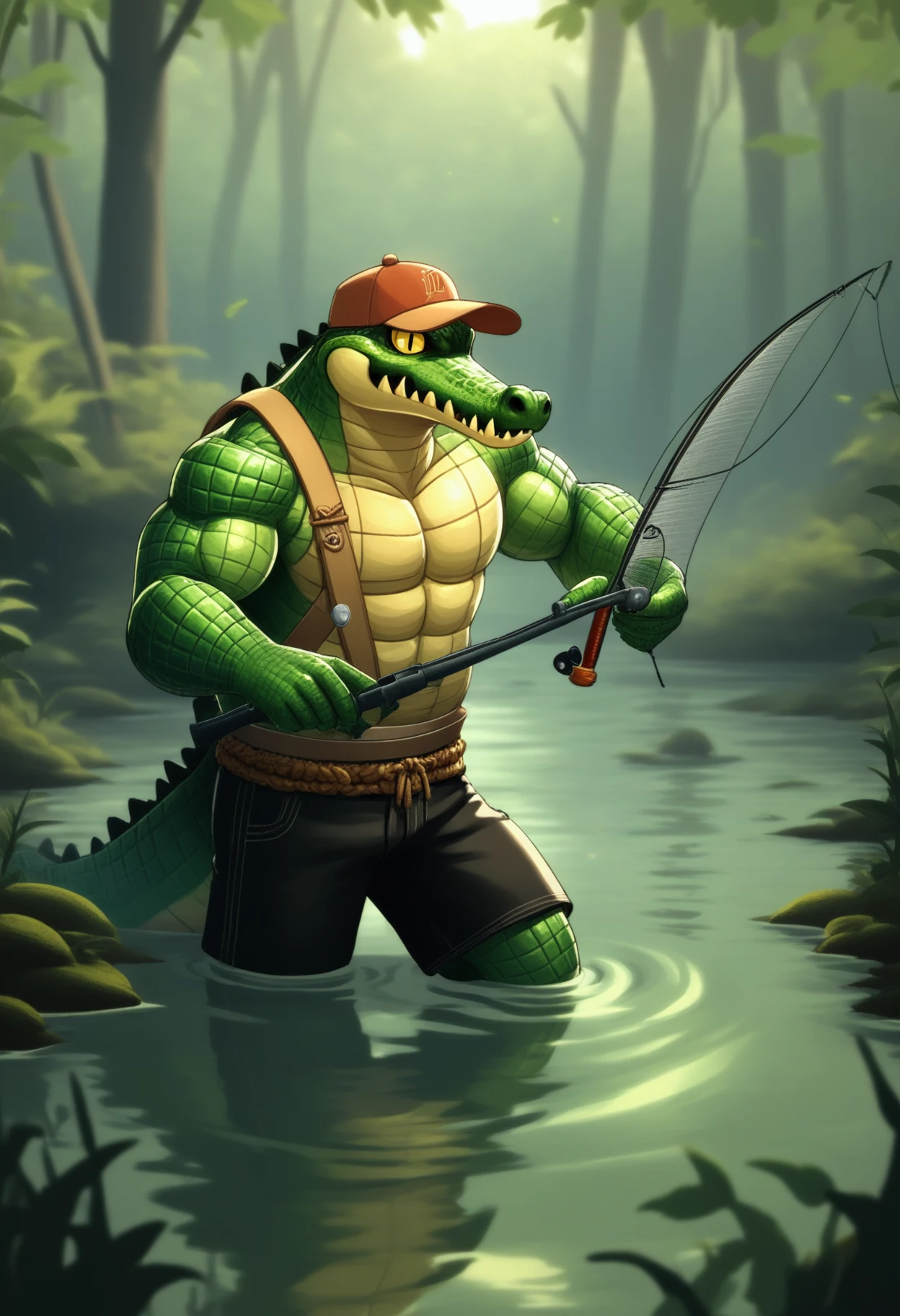 p5style, cel shaded, safe_pos, score_9, score_8_up, score_7_up,  1boy, solo, crocodile, muscular, fishing, holding, fishing rod, swamp, baseball cap, black shorts