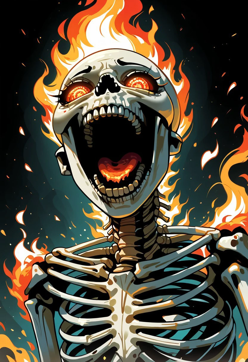 score_9, score_8_up, score_7_up, score_6_up, score_5_up, source_cartoon, Nima Style, female, solo, no humans, skeleton, giant size, flame eyes, flaming skull, horror style, screaming