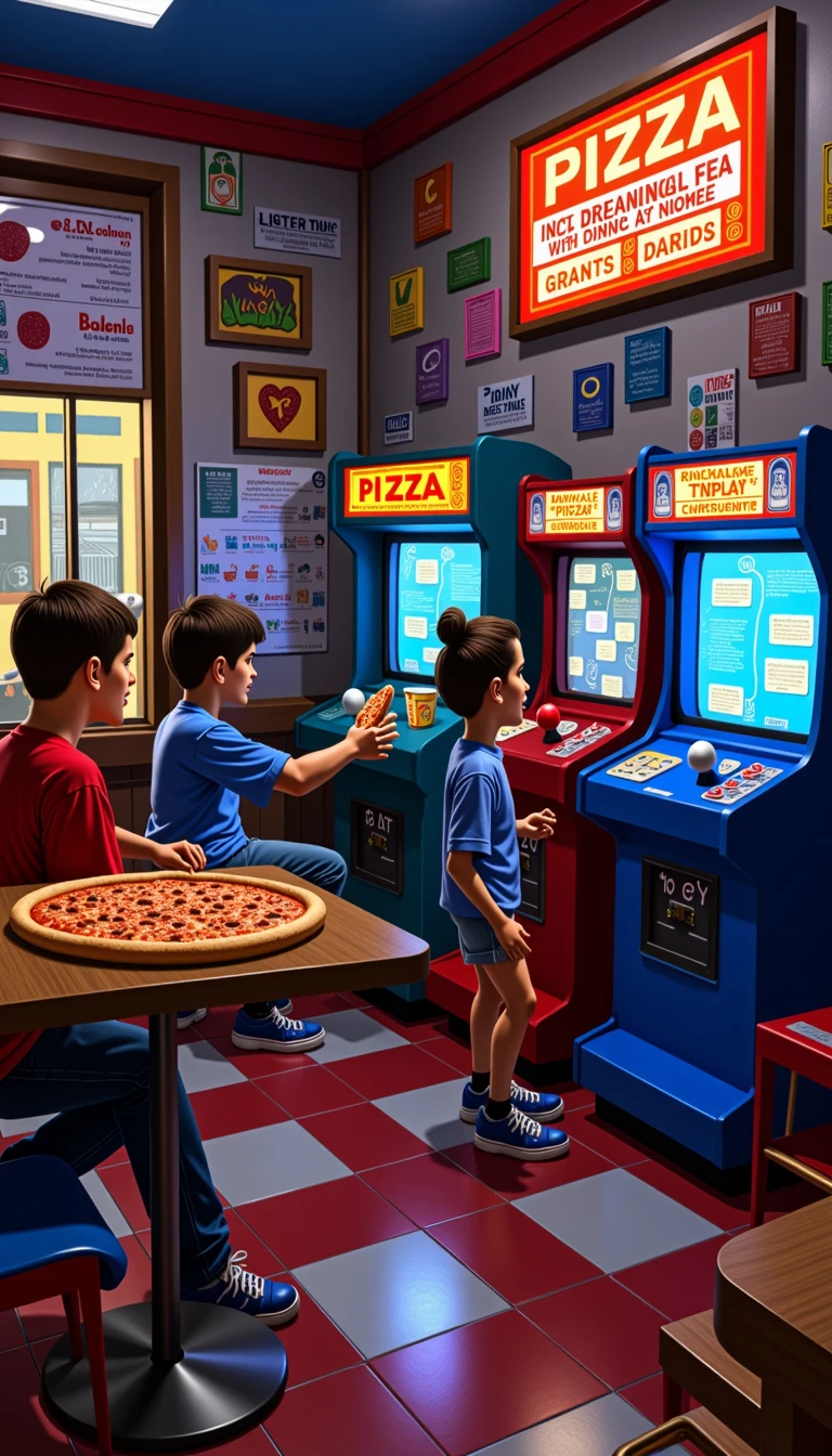 A 90s pizza parlor filled with kids playing arcade games and eating pizza under dim neon lights <lora:Everly Heights CD-ROM SceneCraft FLUX:1> Retro Windows 95 desktop cluttered with pixel art icons and old software windows <lora:Everly Heights CD-ROM SceneCraft FLUX:1>