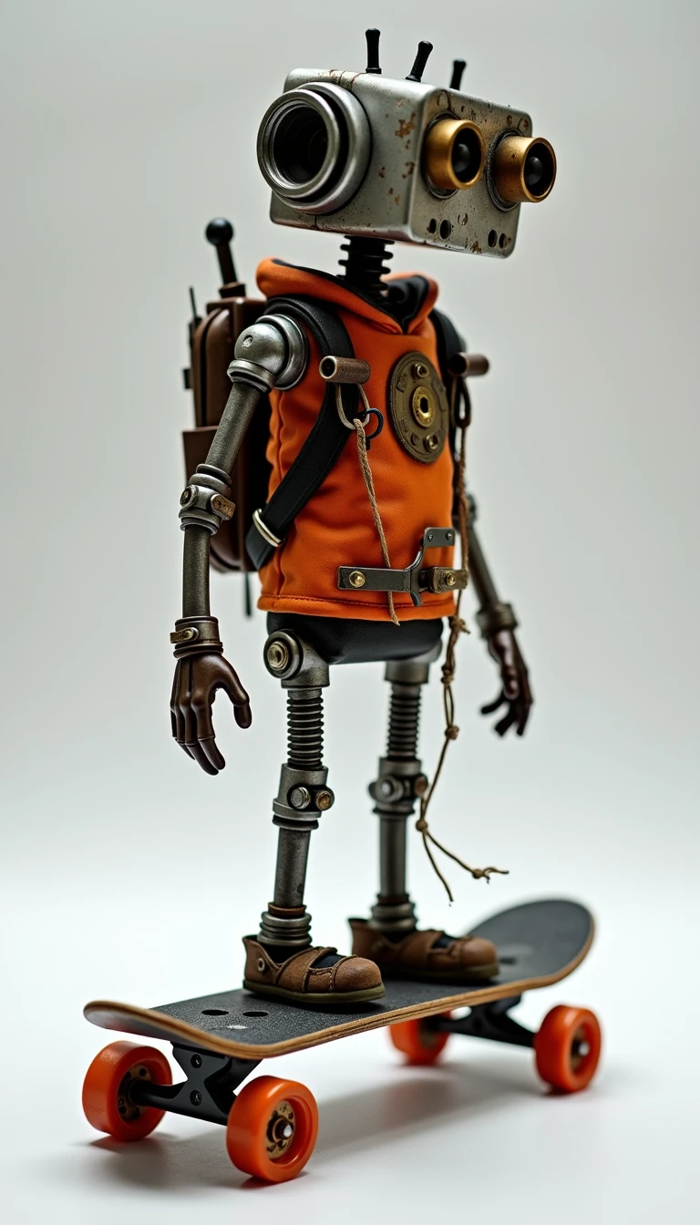 <lora:EverlyHeightsJunkbotsFlux:.5> A character riding a makeshift skateboard made of scrap metal