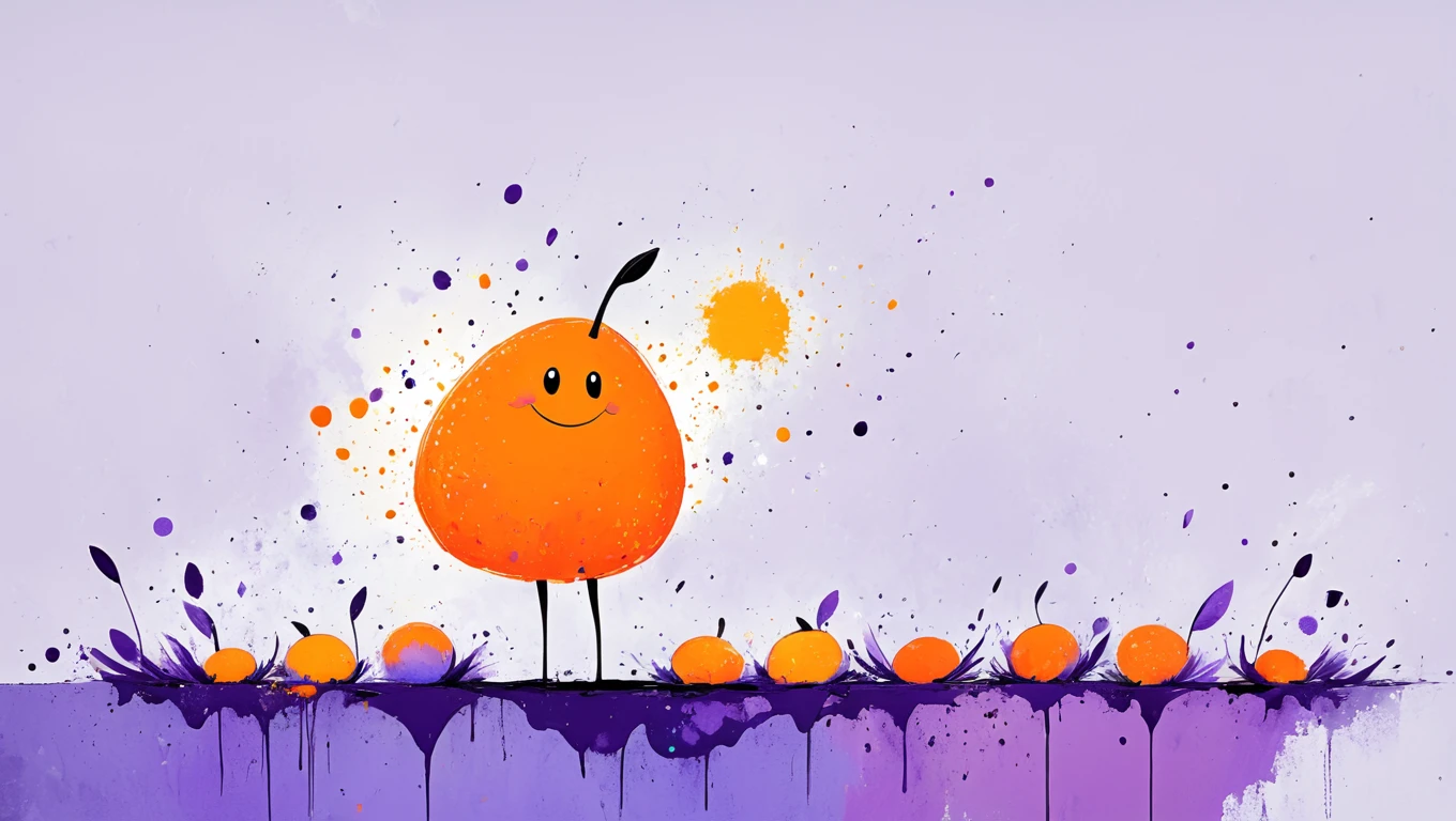 (((a small creature sprouting leaves))) in a (a whimsical backdrop of paint spatters), evoking a sense of curiosity with the theme of humor in the mundane. Rendered in childlike naivety style using mediums such as collage with paint overlays, acrylic pouring with pen outlines, thick acrylic paint, featuring a color palette of bright oranges and soft purples. Accents include rough color gradients in the background, curved lines guiding motion, with special stylistic elements like expressive, messy brushwork, thick, chunky highlights, fluid brush movements.  <lora:artfullyBAAH:1>