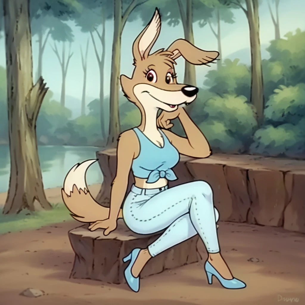 score_9, score_8_up, score_7_up, score_6_up, score_5_up, score_4_up, source_furry, Daisybb, anthro, female, Dingo, brown fur, , crop top, high heels, blue shirt, jeans, blue shoes, forest, sitting, one knee up, hugging knee, looking at viewer, <lora:77653734-25d2-4f70-b87c-3ae9801ec0ef:0.7>