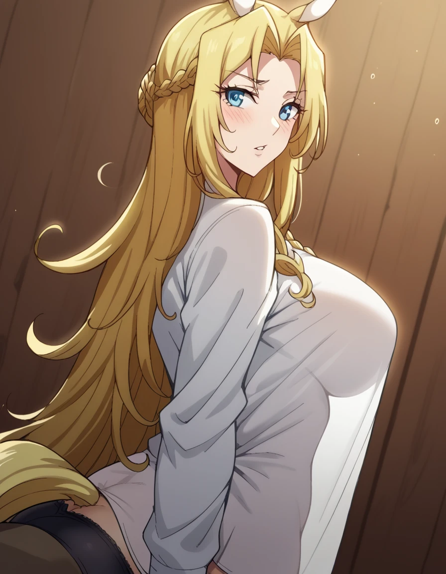 score_9, score_8_up, score_7_up, source_anime, <lora:tisalia-scythia-s1-ponyxl-lora-nochekaiser:1>, tisalia scythia, long hair, blue eyes, blonde hair, animal ears, braid, horse ears, monster girl, taur, centaur, parted bangs, large breasts,, <lora:see-through-silhouette-ponyxl-lora-nochekaiser:1>, see-through silhouette, naked shirt, white shirt,, from side, looking at viewer, blush, parted lips, panties, black panties, ass, no bra,, , dutch angle,