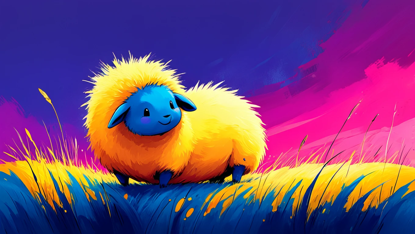 (((a plump critter bouncing on its tail))) in a (a vibrant field under a fiery sunset), evoking a sense of peaceful happiness with the theme of playful self-expression. Rendered in vivid pop art style using mediums such as impasto technique with color blocks, brush marker with water blending, textured digital brushes, featuring a color palette of bold yellows and deep blues. Accents include layered paint marks for depth, wild grasses outlined in dark ink, with special stylistic elements like wide and energetic strokes, soft haze around bright colors, vivid, uneven paint fills.  <lora:artfullyBAAH:1>