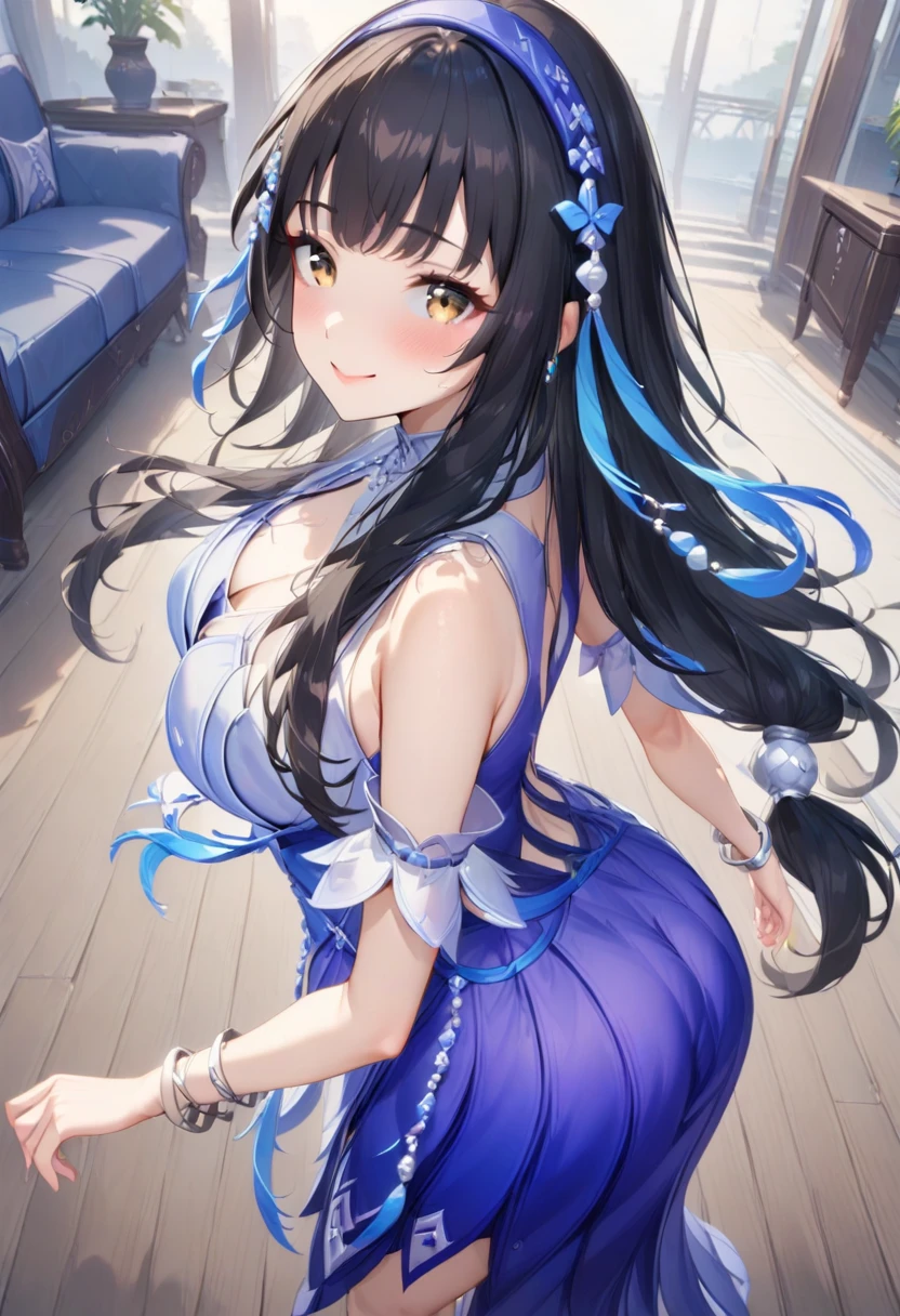 ebifurya,
<lora:xishi_pony:1>,xishi,1girl,solo,breasts,long hair,hairband,black hair,cleavage,large breasts,jewelry,bracelet,hair ornament,very long hair,bare shoulders,smile,brown eyes,dress,skirt,clothing cutout,looking at viewer,blush,blue hairband,sleeveless,detached sleeves,yellow eyes,
indoors,rooms,wooden floor,window,couch,
from behind,back,