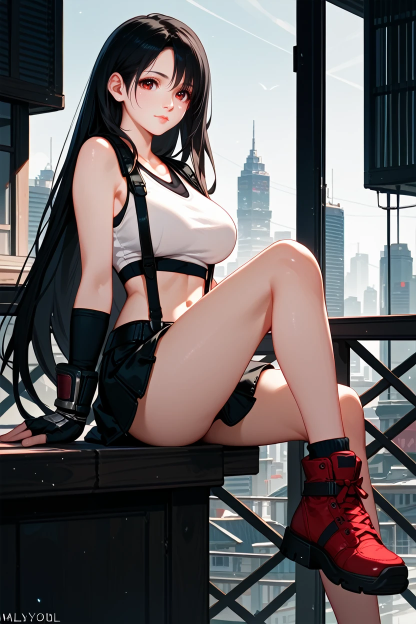 score_9, score_8_up, score_7_up,
<lora:FF7Tifa:0.8>
FF7Tifa, 1girl, black hair, red eyes, long hair, looking at viewer, sitting on a windowsill, one leg bent, one hand resting on the knee, city skyline at dusk in the background, moody and reflective ambiance