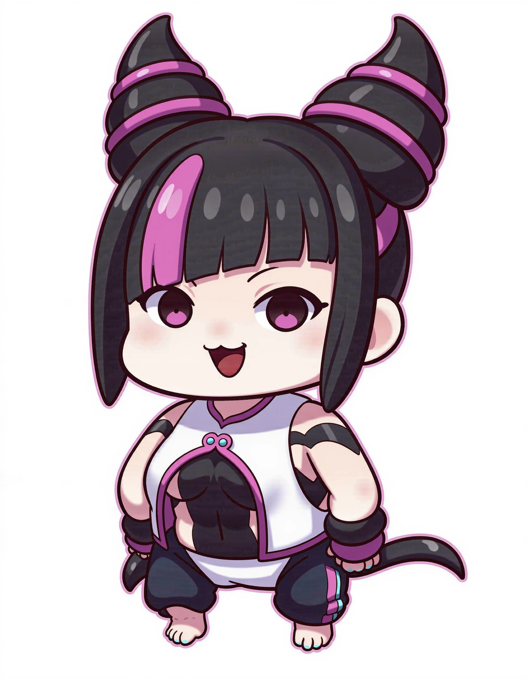 Anime style Women âââ <lora:Juri_Han_Fadoo-Flux:1> juriv1ff, juri han, black hair, hair horns, multicolored hair, white skin, <lora:Ksbt:0.8> A vibrant chibi-style illustrationâââ