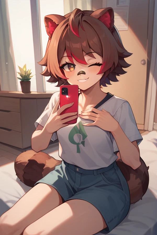 <lora:RakkunNew:0.8> rakkun, 1girl, brown hair, animal ears, short hair, multicolored hair, tail, raccoon ears, red hair, raccoon tail, raccoon girl, streaked hair, bandaid on nose
Smile, (selfie:1.2),  room, messy room, sitting, one eye closed, hand on own chest,, score_9, score_8_up, score_7_up,1girl,solo female, epic photograpy, extremely detailed, high quality, absurd res, high res, BREAK