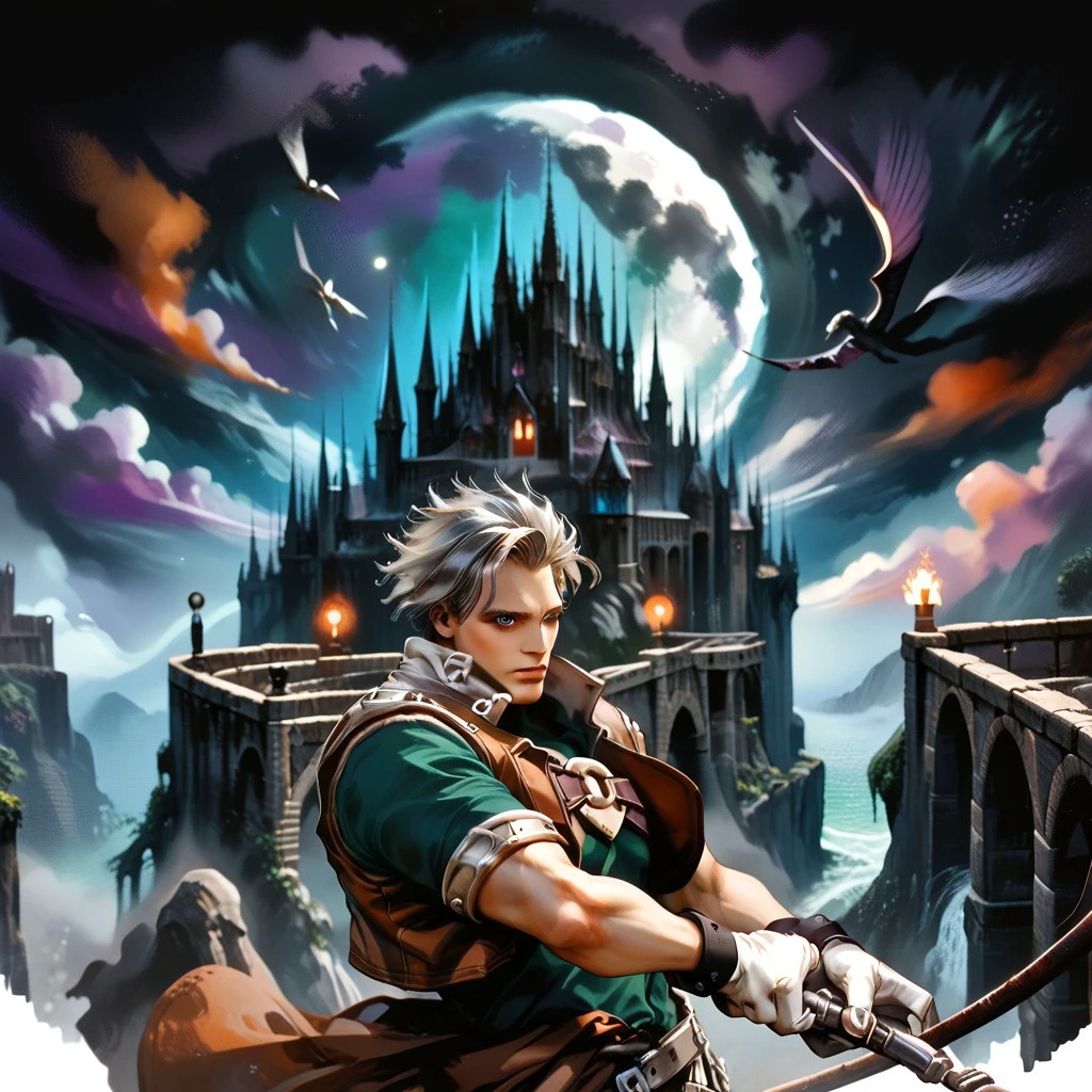 score_9, score_8_up, score_7_up, score_6_up, score_5_up, score_4_up, csdb, castle background, stone bridge, bright moon, dark colorful cloudy skies, natgra, gray eyes, short hair, silver hair, steel greaves, plated footwear, brown skirt, black pants, green shirt, brown leather vest, silver belts, white gloves, silver chest plate, holding whip (weapon), cowboy shot,close up view,