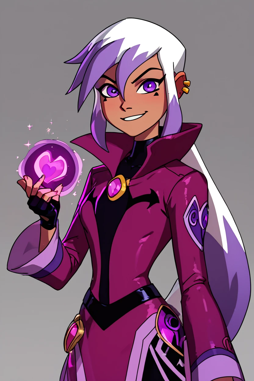 score_9, score_8_up, score_8,     BREAK, , ,,,  zCharmcaster, purple eyes, white hair, long hair, hair between eyes, purple hair, ear piercing, earrings, gloves, makeup, fingerless gloves, magic, <lora:Charmcaster_Ben10Omniverse_PDXL:1.0>, ,,,  , BREAK, smile, closed mouth, looking at viewer, cowboy shot, ,,, embedding:zPDXL, Expressiveh, ,,, <lora:BeautifulCAT_PDXL:0.8>, <lora:SDXLFaeTastic2400:0.5>, <lora:Expressive_H-000001:0.4>,