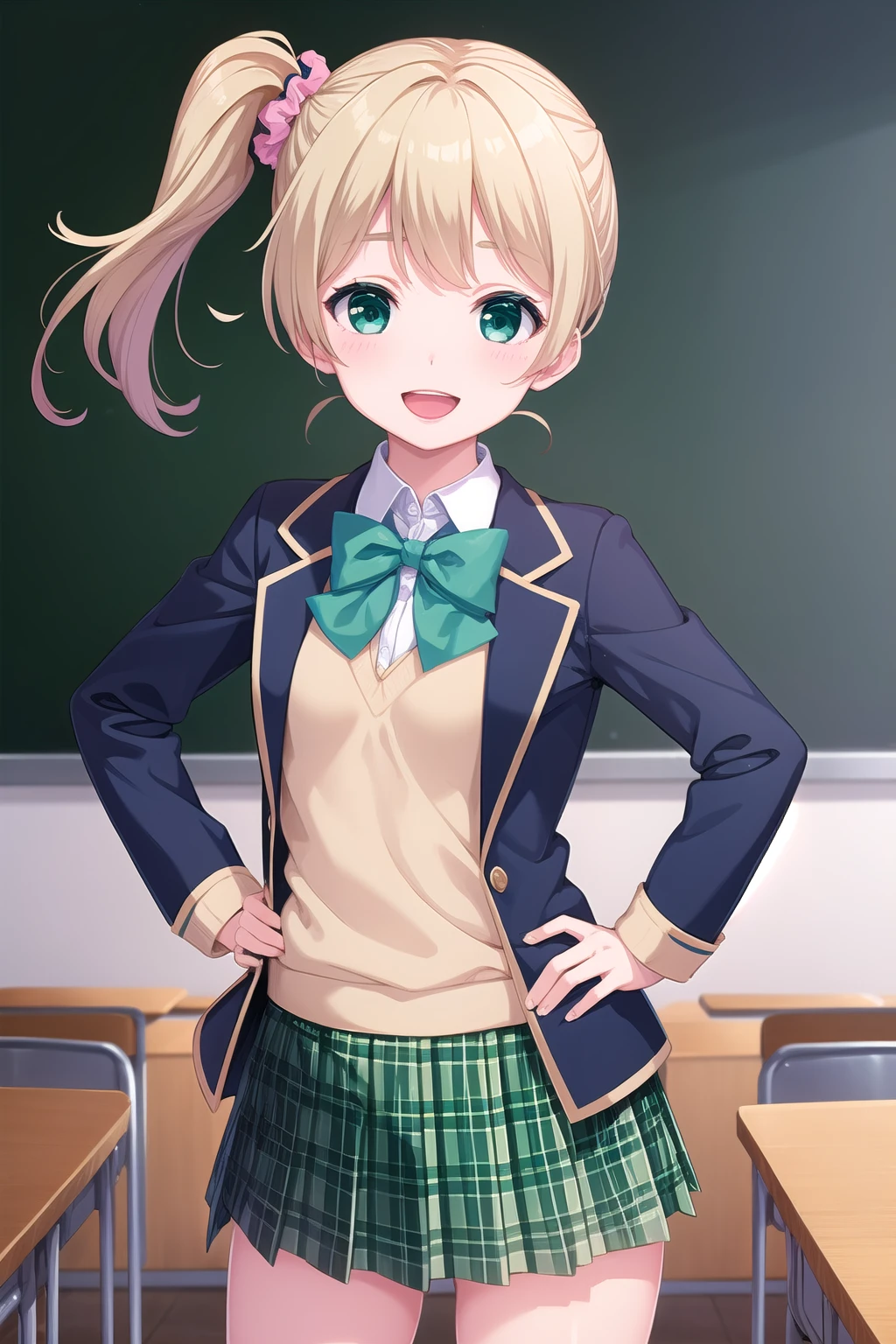 (masterpiece, best quality), highly detailed background, perfect lightingbest quality, etokurumi, solo, indoors, classroom, blonde hair, hair scrunchie, pink scrunchie, side ponytail, bangs, short hair, green eyes, small breasts, blue jacket, blazer, green bowtie, yellow sweater vest, collared shirt, white shirt, (hands on hips:1.1), green skirt, plaid skirt, school uniform, smile, open mouth, :d, pink lips, <lora:Eto-Kurumi:0.7>