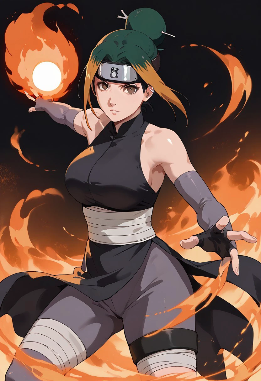 score_9,score_8_up,score_7_up,Pakura, 1girl, solo, brown eyes, multicolored hair, orange hair, green hair, black hair, brown hair, hair bun, single hair bun,  large breasts, Forehead protector, headband, ninja, sleeveless, bare shoulders, backless outfit, sunagakure symbol, gloves,  elbow gloves, bandages,  fingerless gloves, shorts, fire, magic, battle stance,