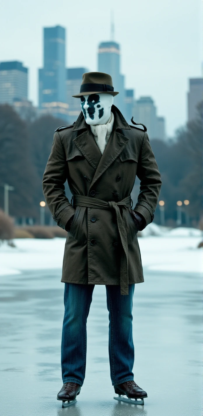 Rorschach wears a dark brown jacket and have his hands in his jacket pockets. He is iceskating on a frozen lake in a city park<lora:Rorschach:0.9>