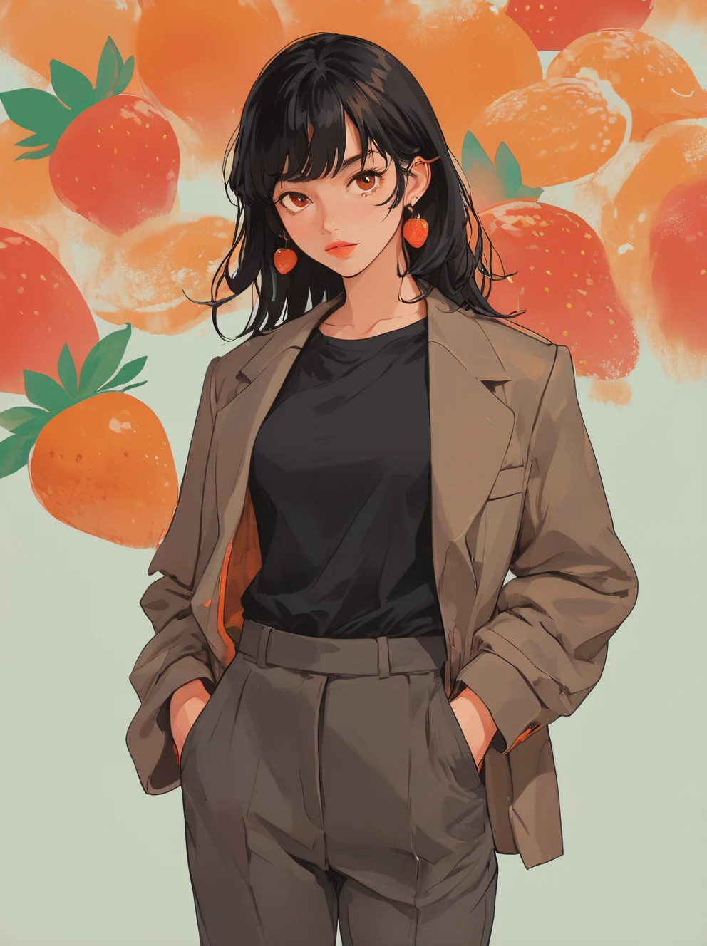 ,donmenshiji,1girl,solo,jewelry,earrings,mole,shirt,black hair,looking at viewer,simple background,black shirt,pants,hands in pockets,jacket,coat,bangs,medium hair,lips,open clothes,taotail,food focus,fruit,food,orange theme,still life,strawberry,red theme,<lora:Dmshiji-wwm:0.75>