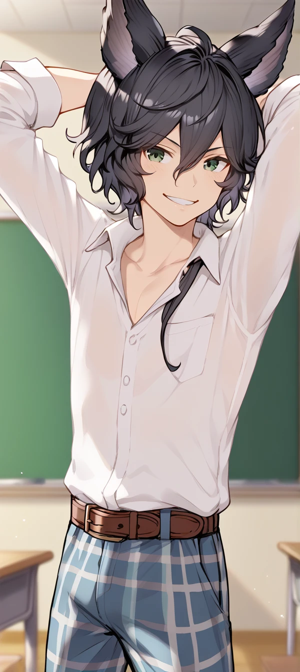 1boy,solo,male focus,smile,collared shirt,tartan pants,belt,collarbone,classroom,blurry background,mordred(granblue),animal ears,black hair,green eyes,erune,big smile,arms behind head