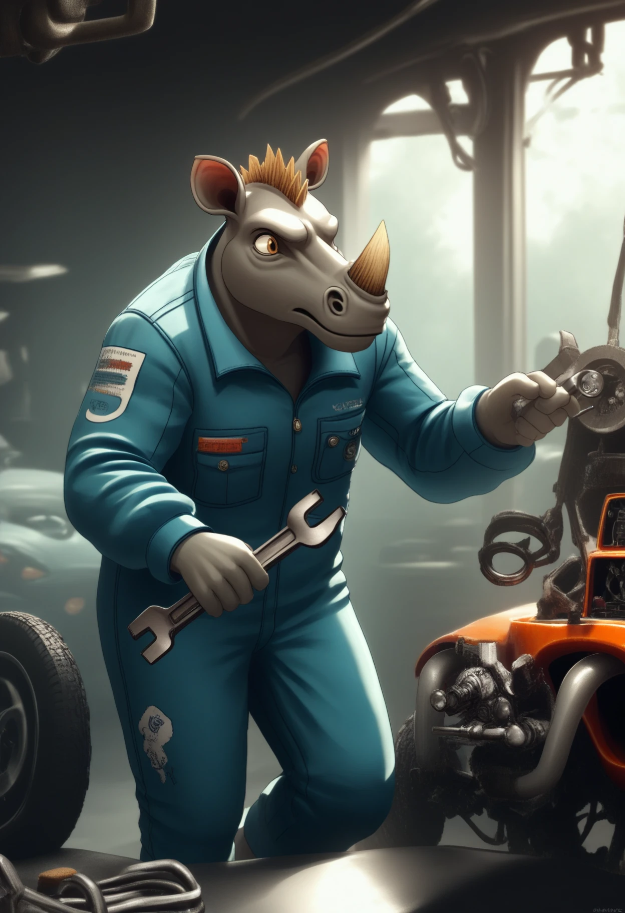 p5style, cel shaded, safe_pos, score_9, score_8_up, score_7_up, 1boy, solo, anthro, rhino, 1horn, grey skin, large, solo, mechanic, coveralls, holding, wrench, car, fixing, engine, garage