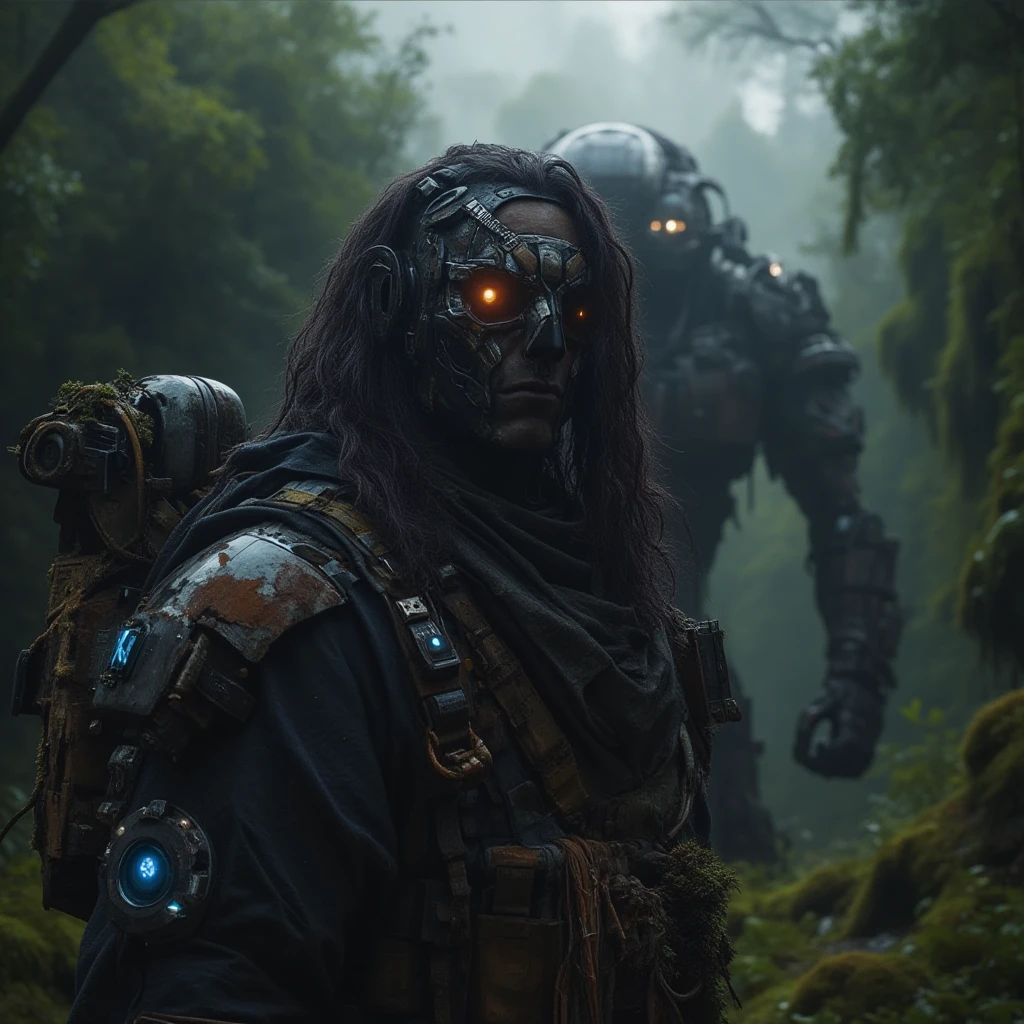 A post-apocalyptic warrior standing in a dense, overgrown forest, wearing tattered tactical gear mixed with cybernetic enhancements. The warrior's right arm is a complex mechanical prosthetic, with glowing blue circuitry running through it, and their face is partially hidden behind a high-tech mask with glowing red eyes. The environment around them is misty, with beams of light cutting through the dense trees, illuminating patches of moss and rusted, decaying machinery in the background. In the distance, a massive, worn-down robotic sentinel can be seen towering over the forest, its eyes glowing ominously. The atmosphere is dark and gritty, with a mix of natural decay and futuristic tech, evoking a sense of survival in a world where nature is reclaiming technology."