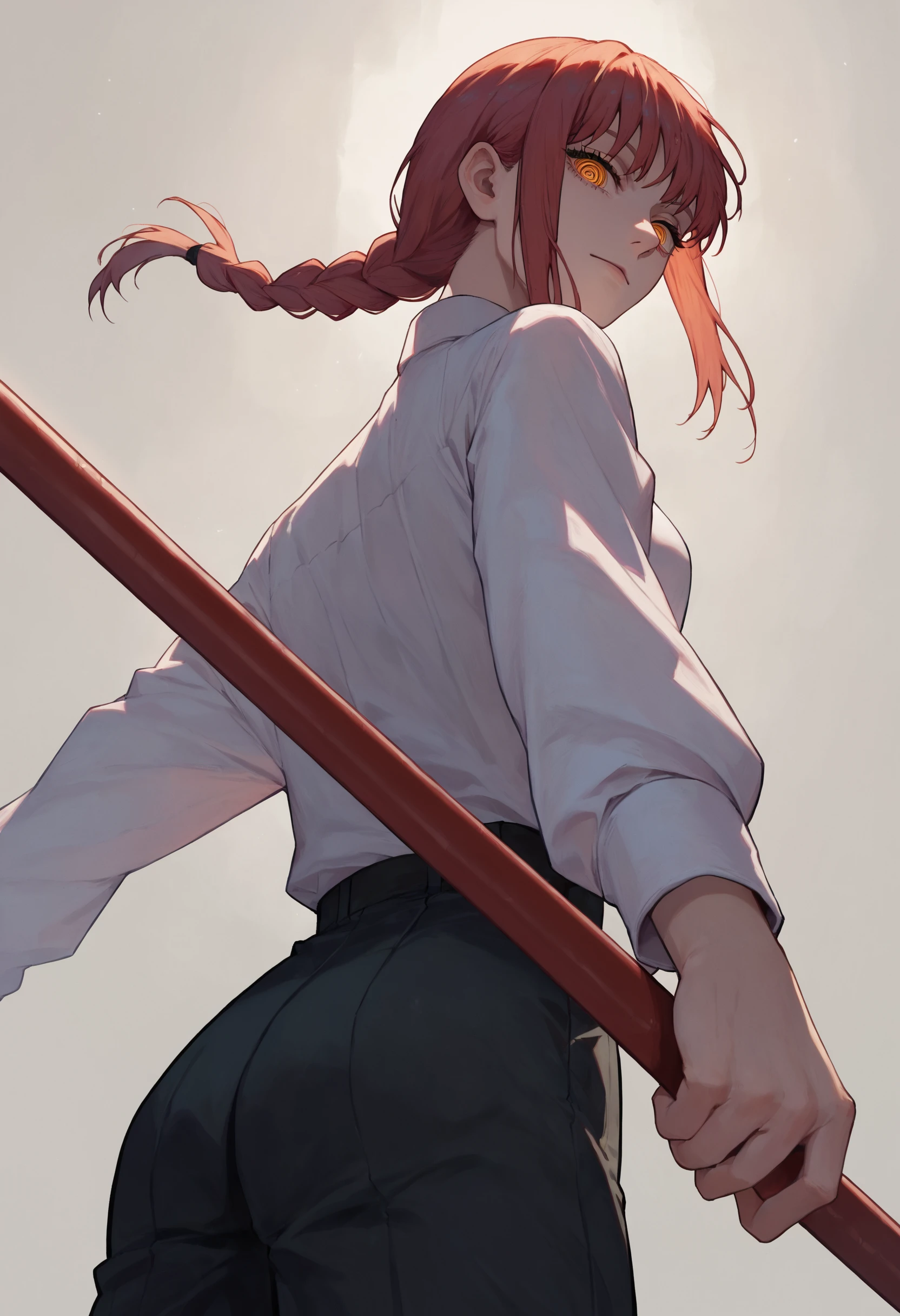 score_9, score_8_up, score_7_up, 1girl holding polearm from behind, makima \(chainsaw man\), simple background, from below, looking at viewer
<lora:holding_polearm_from_behind_pose_final:1>