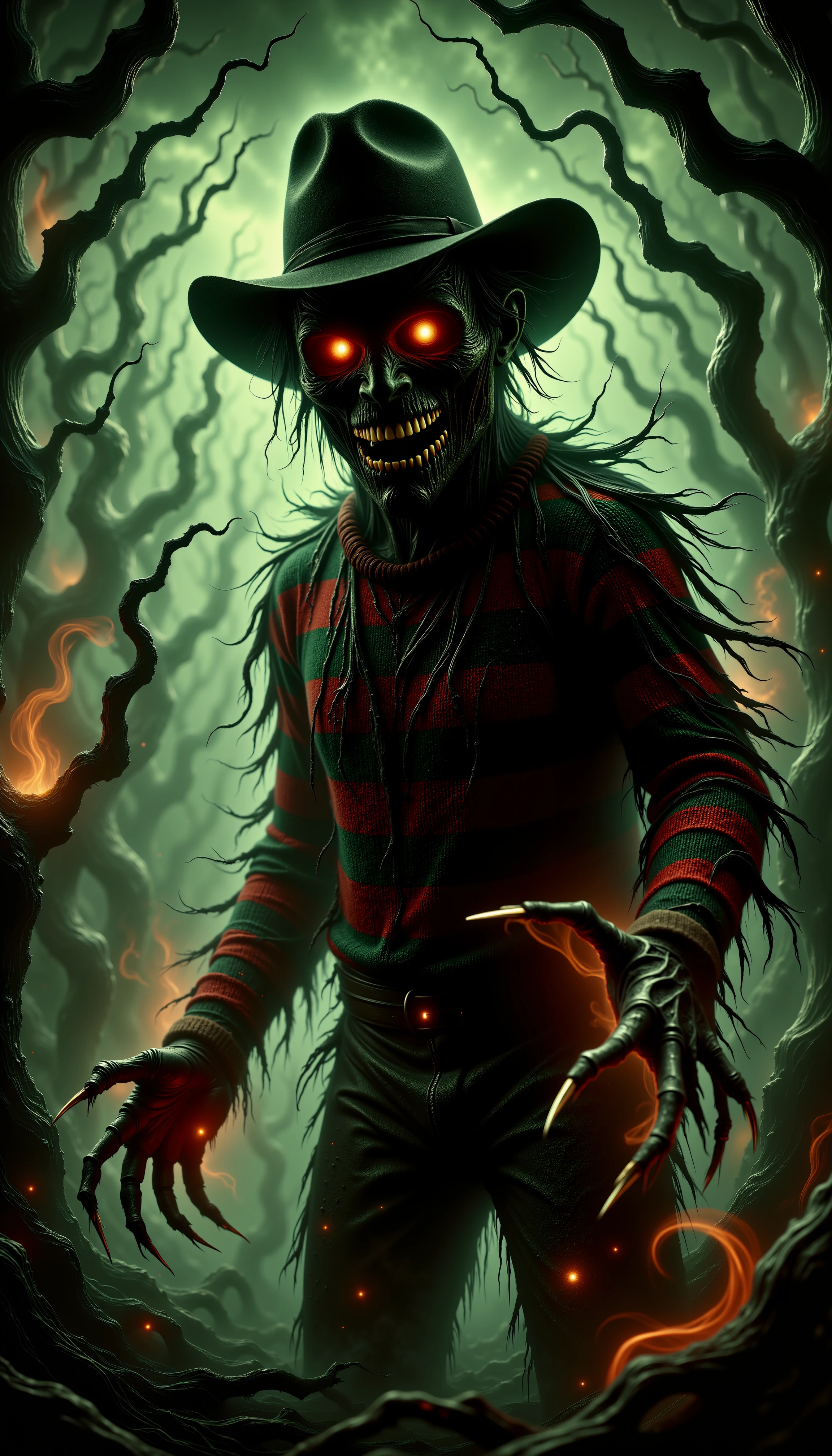 A hyper-realistic portrayal of Freddy Krueger, the infamous villain from "A Nightmare on Elm Street," emerging from the shadows on Halloween night. His burned, scarred face is rendered in gruesome detail, with deep crevices and melted flesh glistening in the eerie light. His trademark fedora casts a dark shadow over his eyes, which gleam with malevolent intent. Freddy's iconic striped sweater is tattered and stained, the red and green stripes taking on a sickly hue in the atmospheric lighting. His right hand bears the infamous glove with razor-sharp blades extending from each finger, catching and reflecting glints of orange light. The background is a misty, nightmarish landscape. Twisted, leafless trees loom in the distance, their branches reaching like gnarled fingers into a sky tinged with swirling shades of toxic green and burning orange. Shadows seem to writhe and move of their own accord, creating an unsettling sense of unreality. Tendrils of green-tinted fog curl around Freddy's feet and legs, partially obscuring him and adding to the dreamlike quality of the scene. The fog appears to glow faintly, as if infused with an otherworldly energy. Every detail is captured with photorealistic precision: the individual fibers of Freddy's sweater, the metallic sheen of his blade-fingers, and the intricate textures of his scarred skin. The interplay of light and shadow across his face accentuates his terrifying features. The overall composition creates a chilling Halloween scene, with the iconic horror character emerging from a nightmare realm into our world, ready to terrorize unwary victims., <lora:Flux_Eerie Ghoulish Style ð_epoch_5.safetensors:1.0:1.0>