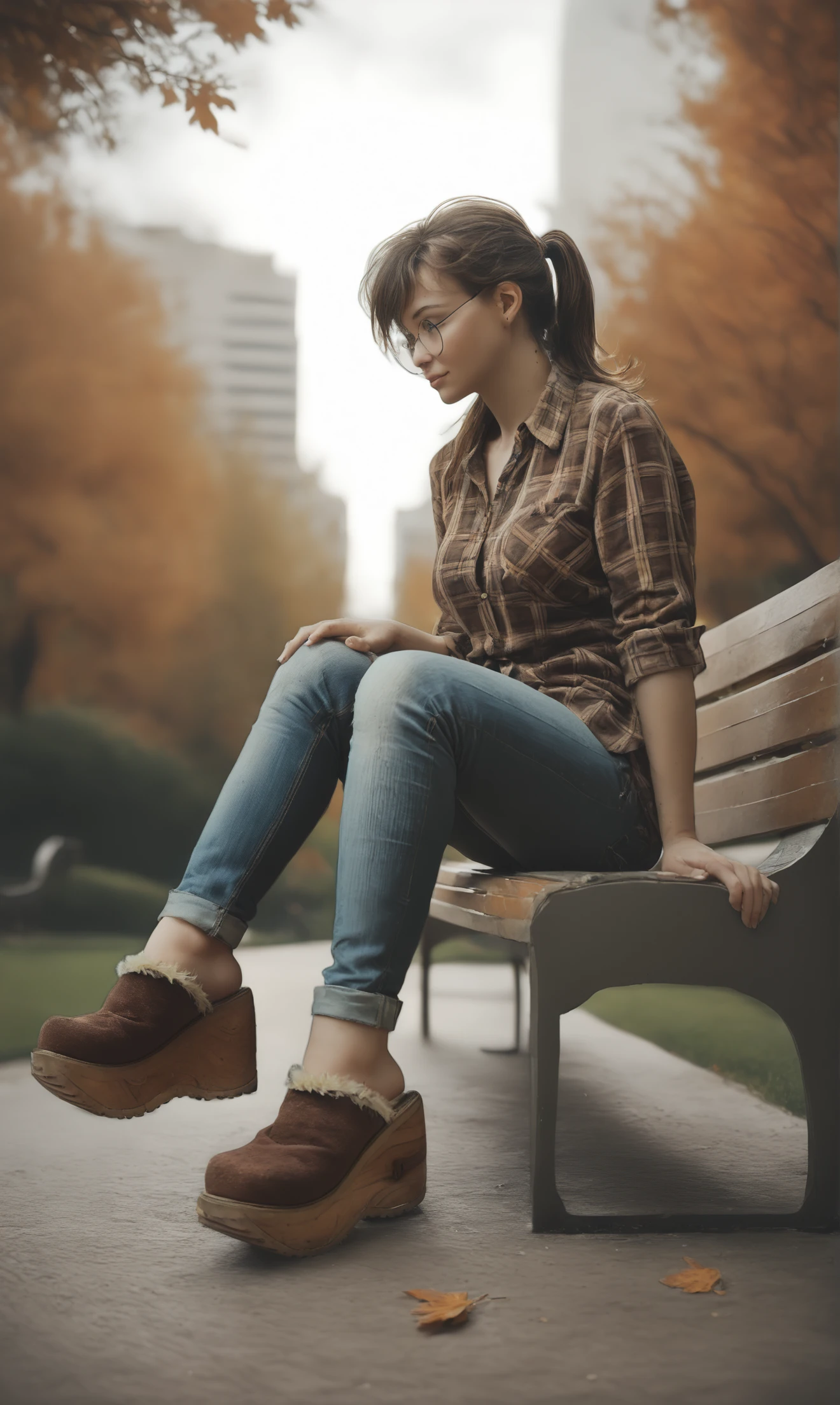 score_9, score_8_up, score_7_up, score_6_up, source_anime,
low angle, from below, from side,
autumn, outdoors, park,
1girl,
sitting, park bench,
flannel shirt, jeans, round glasses, ponytail, brown hair,
sherpa clogs, platform footwear,
embedding:zPDXLrl ,
embedding:zPDXL2 ,
