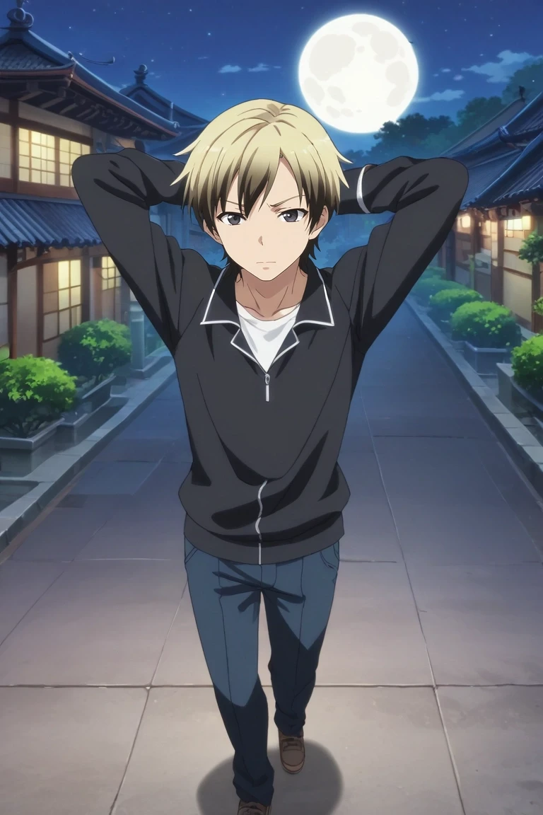 score_9, score_8_up, score_7_up, , rating_safe, , anime screencap, anime coloring, official style, , , 1boy, solo, male focus, <lora:kodaka_hasegawa_pony:0.76>, kodaka_hasegawa, blonde hair, black eyes, short hair, multicolored hair, two-tone hair, black hair, from above, full body, great wall of china, night, full moon, arms behind head, heart eyes, zombie costume, <lora:sdxl_lightning_8step_lora:1>