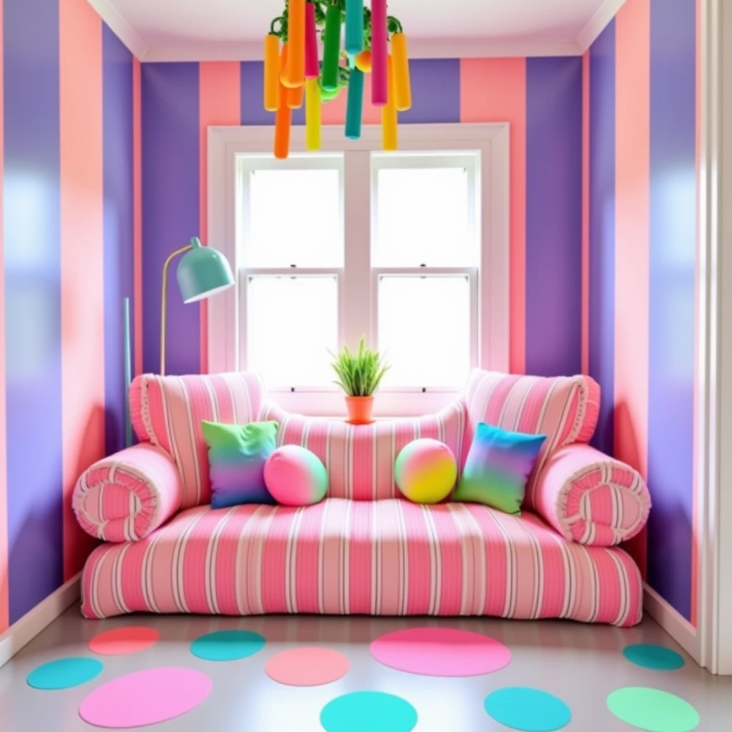  Whimsical Wonderland Reading Nook
A cozy reading nook surrounded by striped walls in soft lavender and white. The floor is a playful polka-dot pattern with pink and teal circles on a light-gray base. A pink sofa with white stripes rests by the window, adorned with plush multicolored throw pillows. The space is illuminated by a soft glow from a funky, retro-inspired chandelier. A floor lamp shaped like a giant, colorful crayon adds a quirky touch, creating a whimsical space for relaxation or reading.