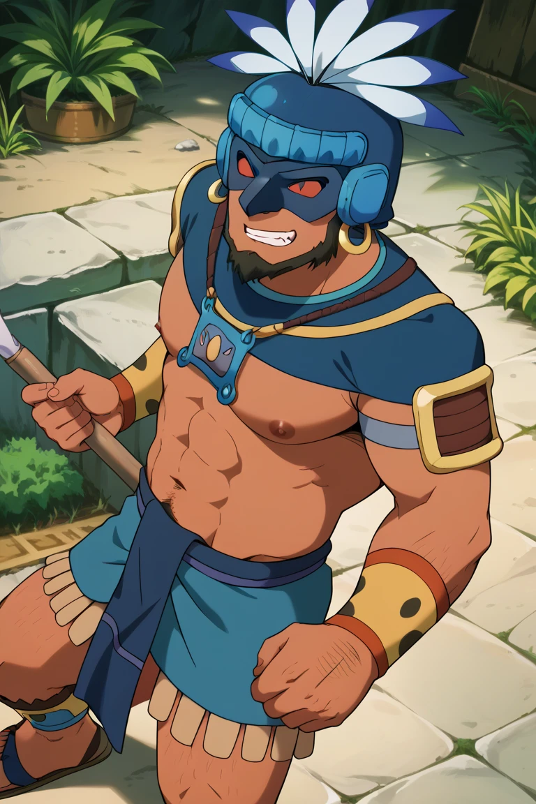 score_9, score_8_up, score_7_up, score_6_up, perfect anatomy, perfect proportions, best quality, masterpiece, high_resolution, high quality, best aesthetic, incredibly absurdres, highres, extremely detailed, huge filesize, mature, masculine, manly, virile, handsome, charming, alluring, bara, male focus, solo male, cowboy shot, dutch angle, source_anime \(Doraemon: Nobita and the Legend of the Sun King\), anime coloring \(Doraemon: Nobita and the Legend of the Sun King\), Coatl  \(Doraemon: Nobita and the Legend of the Sun King\), Spear Master \(Doraemon: Nobita and the Legend of the Sun King\), DMCoatl, black hair, red eyes, long sideburns, chinstrap beard, jawline beard, eyes behind mask, dark-skinned male, Coatl_outfit01, Maya clothing, Maya helmet, blue helmet, plumed headdresses, feathers, half mask, blue mask, hoop earrings, Maya necklace, blue shoulder cape, short cape, upper arm armor, brown arm armor, jaguar spot wristband, topless, bare abdomen, Maya wraparound skirt, light-blue skirt, male skirt,  dark blue girdle, dark blue hip cloth, jaguar spot legbands, Maya sandals,