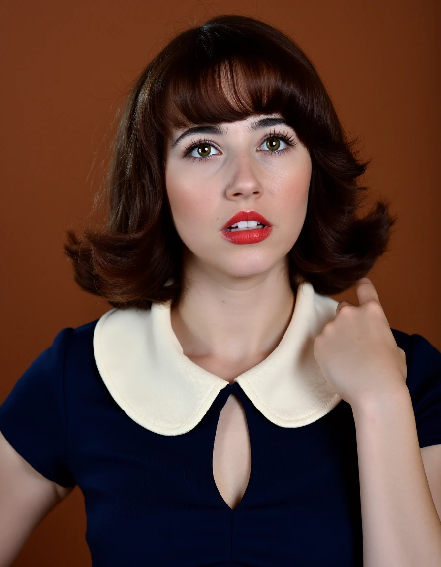 The image is a high-resolution photograph featuring a young woman with fair skin and a light complexion, standing against a solid, warm brown background. She has shoulder-length, wavy brown hair that cascades gently over her shoulders, framing her face. Her eyes are a striking green, and she has well-defined eyebrows. Her lips are painted a bold red, adding a pop of color to her otherwise neutral makeup.
She is wearing a navy blue dress with a cream-colored collar and a small, keyhole cutout at the neckline, giving a hint of her collarbone. The dress has short sleeves and a fitted bodice that accentuates her slender figure. The fabric appears smooth and slightly matte, possibly made from a cotton blend, and the dress has a classic, vintage-inspired silhouette.
The lighting in the photograph is soft and even, highlighting her features without harsh shadows. The background is a solid, uniform color, ensuring that the focus remains on the subject. The overall mood of the photograph is intimate and slightly formal, with a hint of vintage elegance. There are no additional objects or distractions in the frame, making the image clean and straightforward.,Velma,<lora:Velma_Flux_V1:1>