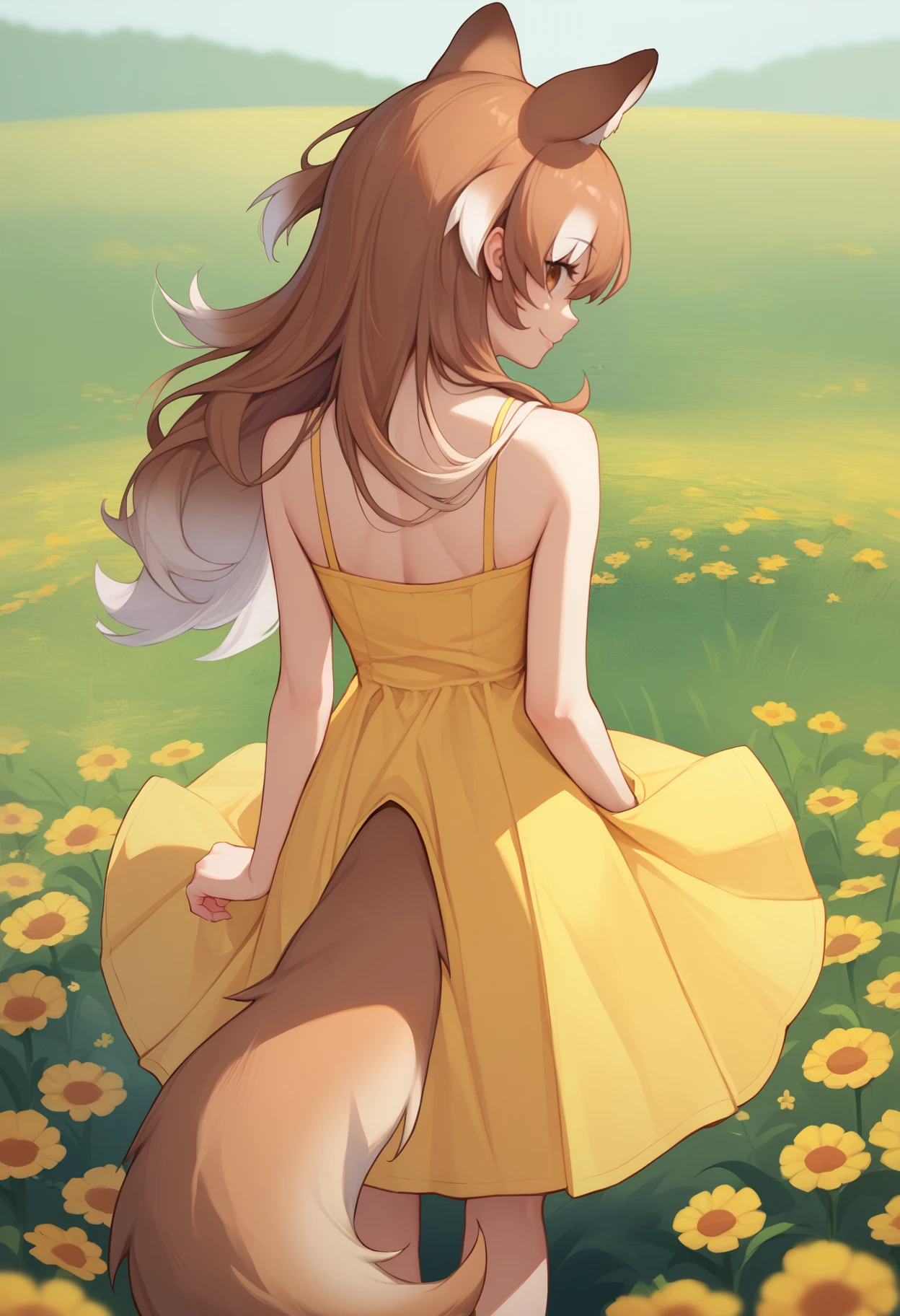 score_9, score_8_up, score_7_up, source_anime, <break> from behind, solo, 1girl, japan3sew0lf, wolf tail, smile, looking back, long hair, two-tone hair, brown hair, white hair, animal ears, animal ear fluff, brown eyes, yellow sundress, bare shoulders, outdoors, flower field
<segment:yolo-face_yolov8m.pt,0.4,0.5//cid=1>