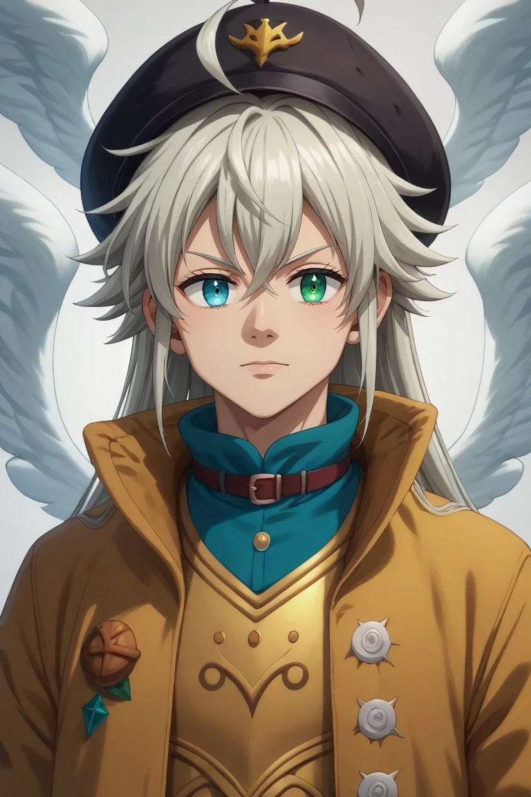 score_9, score_8_up, score_7_up, , rating_safe, , semi-realistic, looking at viewer, , 1boy, solo, male focus, <lora:tristan_liones_pony:0.88>, tristan_liones, grey hair, green eyes, long hair, ahoge, heterochromia, blue eyes, wings, , , pork pie hat, <lora:sdxl_lightning_8step_lora:1>