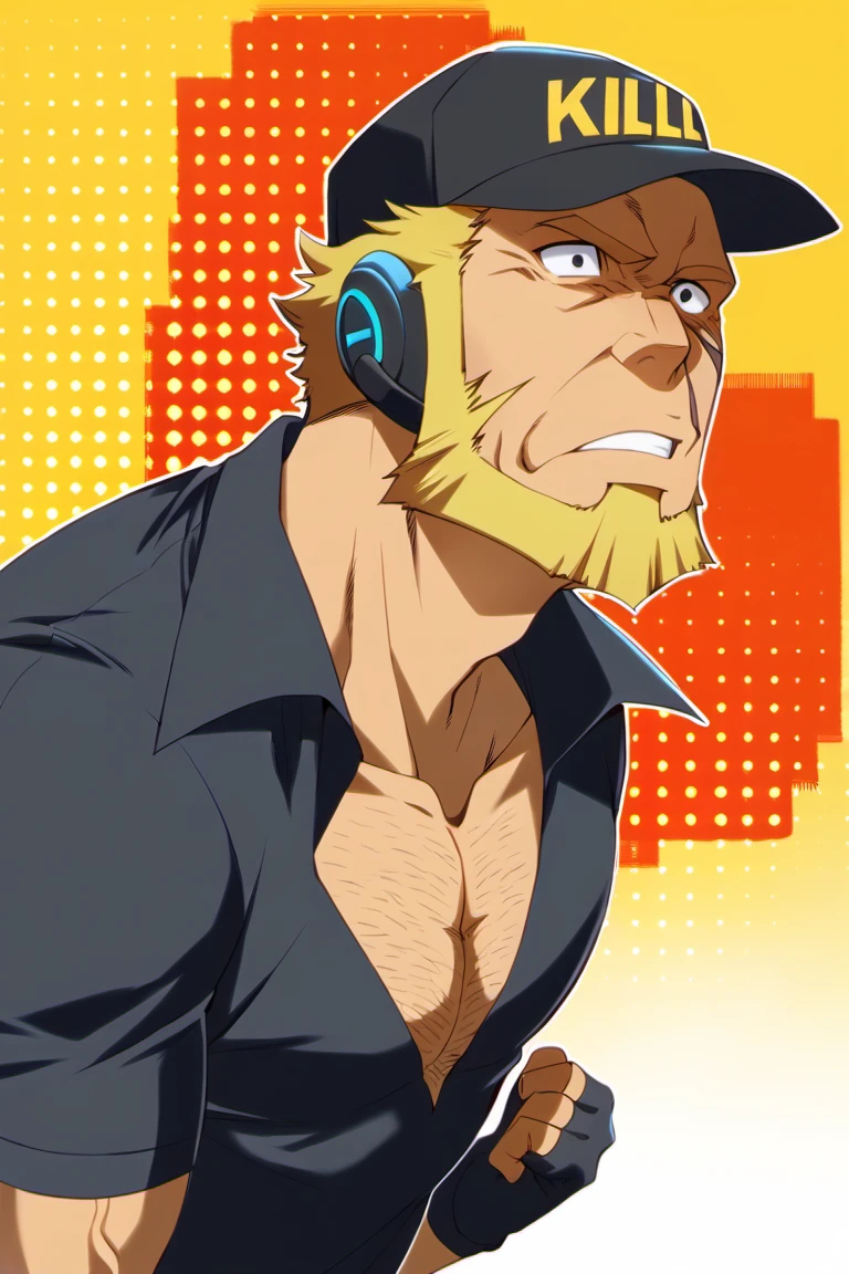 score_9, score_8_up, score_7_up, score_6_up, perfect anatomy, perfect proportions, best quality, masterpiece, high_resolution, high quality, best aesthetic, incredibly absurdres, highres, extremely detailed, huge filesize, mature, masculine, manly, virile, handsome, charming, alluring, bara, male focus, solo male, cowboy shot, dutch angle, source_anime \(Cells at Work! CODE BLACK\), anime coloring \Cells at Work! CODE BLACK\), Killer T Cell \(Cells at Work! CODE BLACK\), CaWBlKillerTCell, blond hair, black eyes, sanpaku, long sideburns, facial hair, chinstrap beard, jawline beard, scar on face, scar on cheek,  (old man, wrinkle, rugged, brute face:1.2), CaWBKillerTCell_outfit, black cap, Killer T Cell cap \(Cells at Work\), black earpiece, Killer T Cell uniform \(Cells at Work\), black shirt, partially unbuttoned shirt, chest hair, short sleeves, black fingerless gloves, black pants, black boots