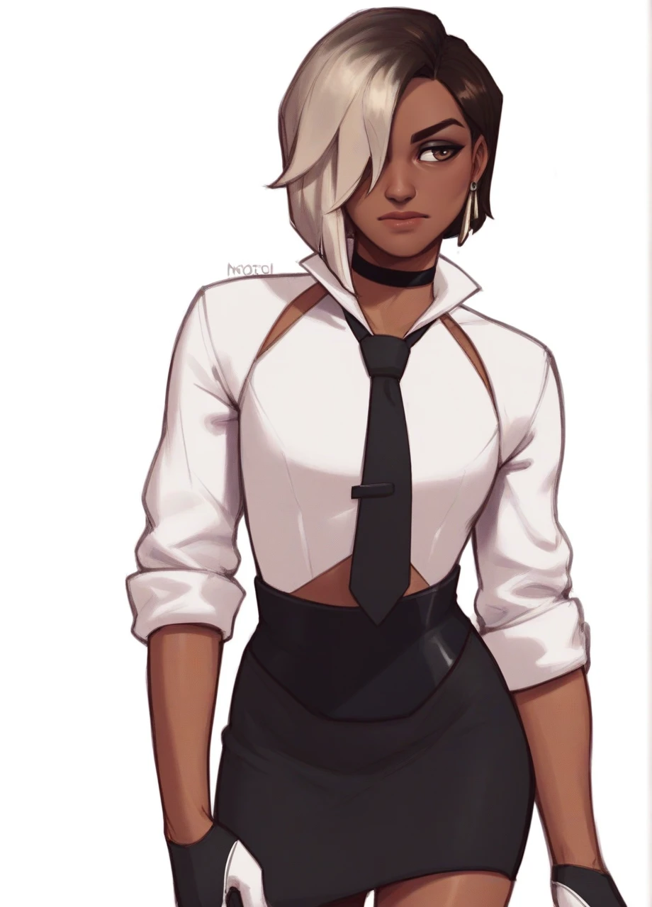 <lora:FN_Antonia-PONY:0.8> fnantonia, solo, dark skinned female, brown eyes, eyeliner, two-tone hair, hair over one eye, earring, black choker, white collared shirt, black necktie, sleeves rolled up, two-tone gloves, black skirt, standing, cowboy shot, white background, score_8_up, score_7_up, score_6_up, score_5_up, score_4_up,